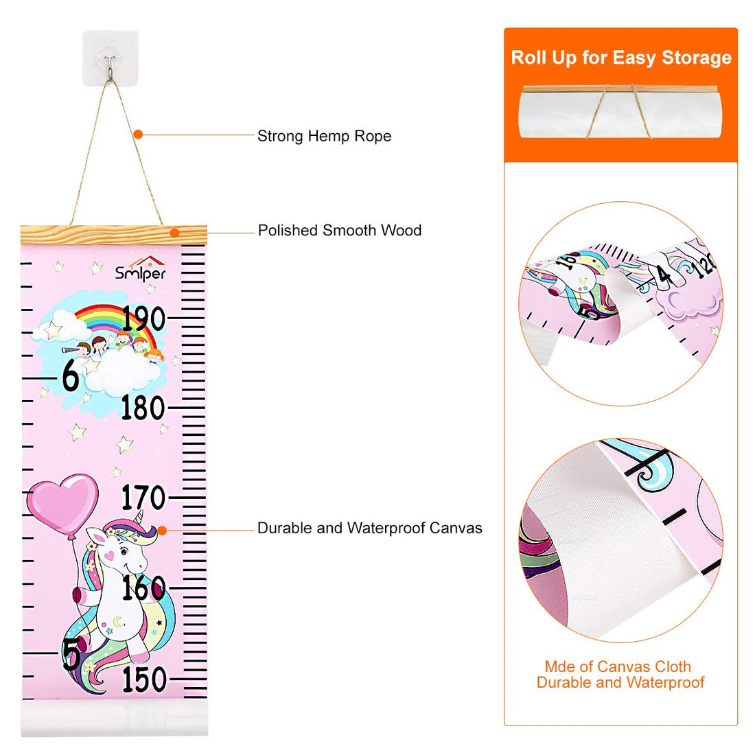 Smlper Growth Chart for Kids,Child Height Chart Ruler for Wall,Wood Frame Fabric Canvas Height Measurement Ruler for Kids Nursery Room,Removable Wall Decor 79x7.9