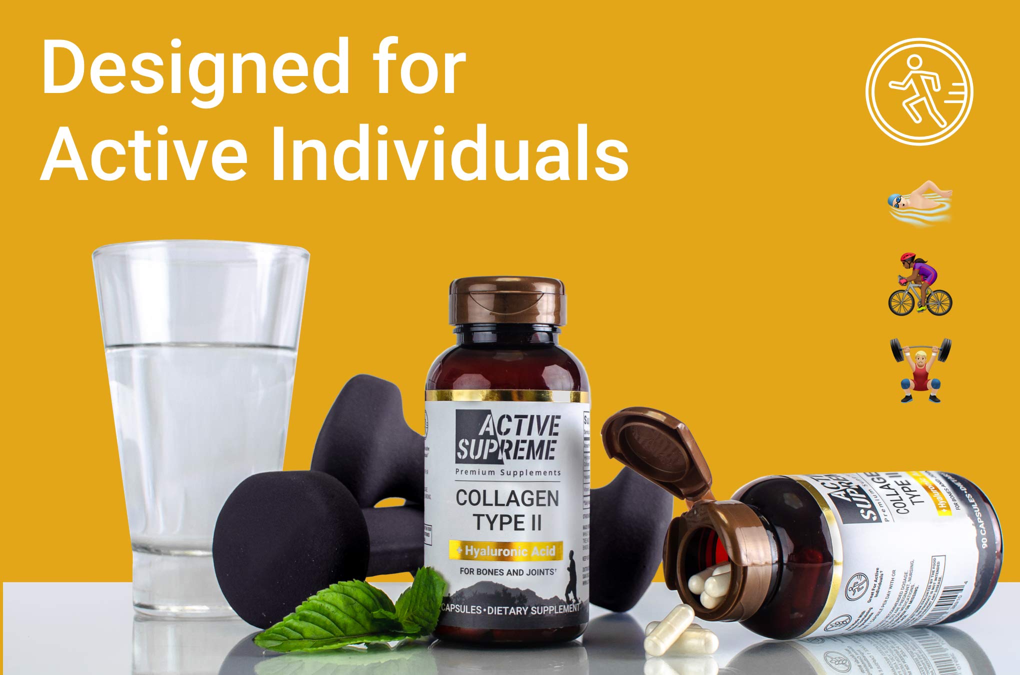 Active Supreme 3 Pack Collagen Pills Type 2 for Joint and Cartilage Support - Grass Fed Beef Collagen Hydrolyzed Type 2 Capsules with Vitamin C and Hyaluronic Acid