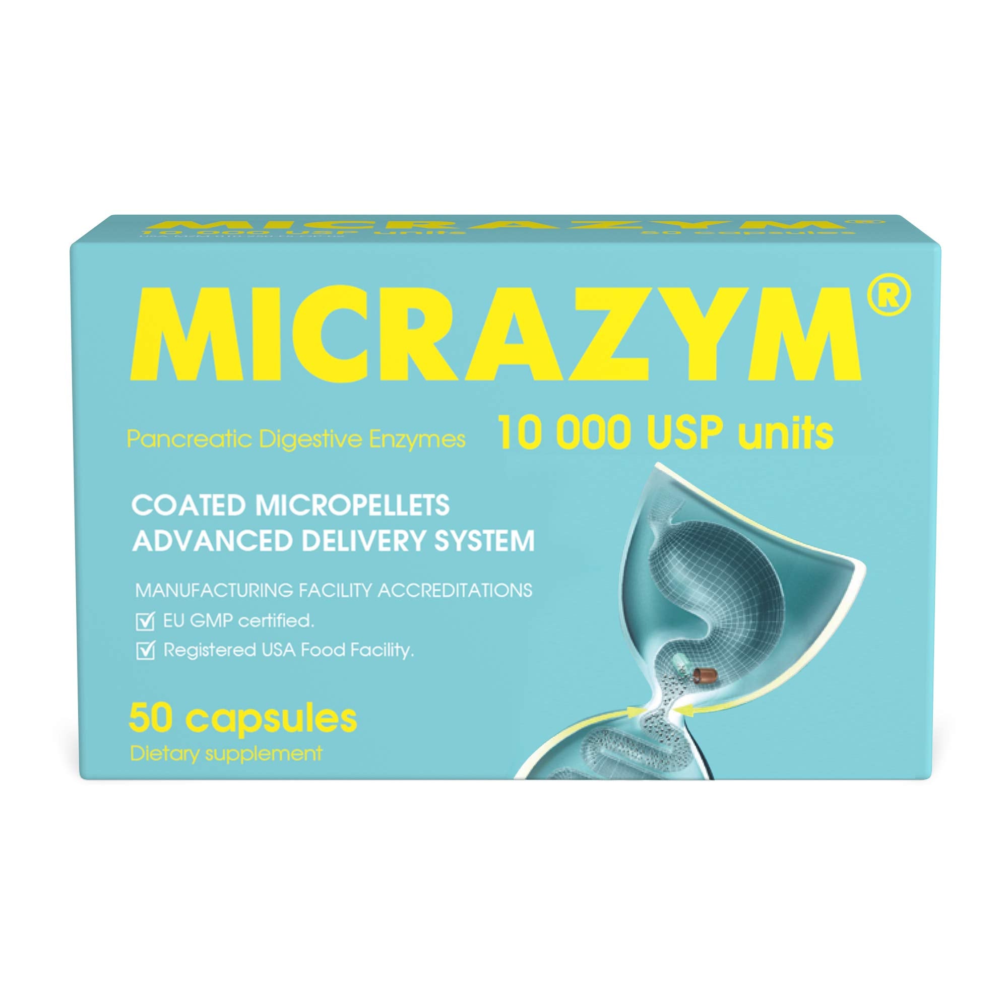 Micrazym AVVA Pharm Pancreatic Enzymes - 10,000 USP Effective Pancreatic Enzyme Supplements - Digestive Enzymes for Digestion - 50 Fast-Acting Capsules with Amylase, Lipase and Protease