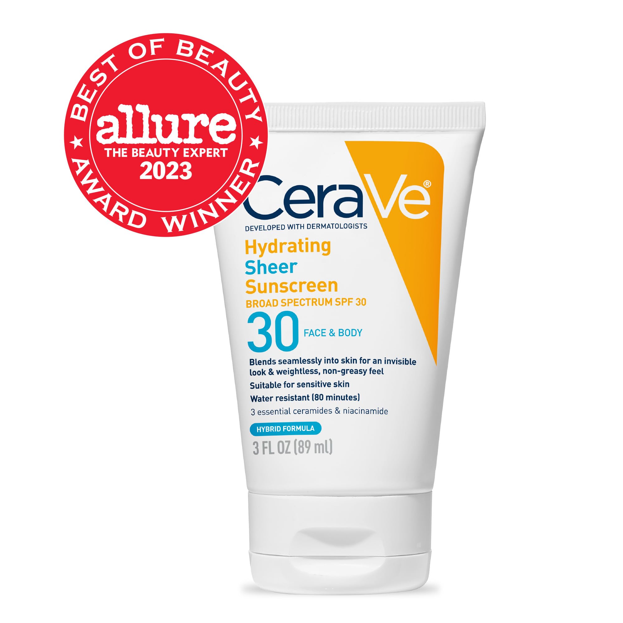 CeraVe Hydrating Sheer Sunscreen SPF 30 for Face and Body, Mineral & Chemical Sunscreen with Zinc Oxide, Hyaluronic Acid, Niacinamides and Ceramides, Paraben Free Fragrance Free, 3 Ounces