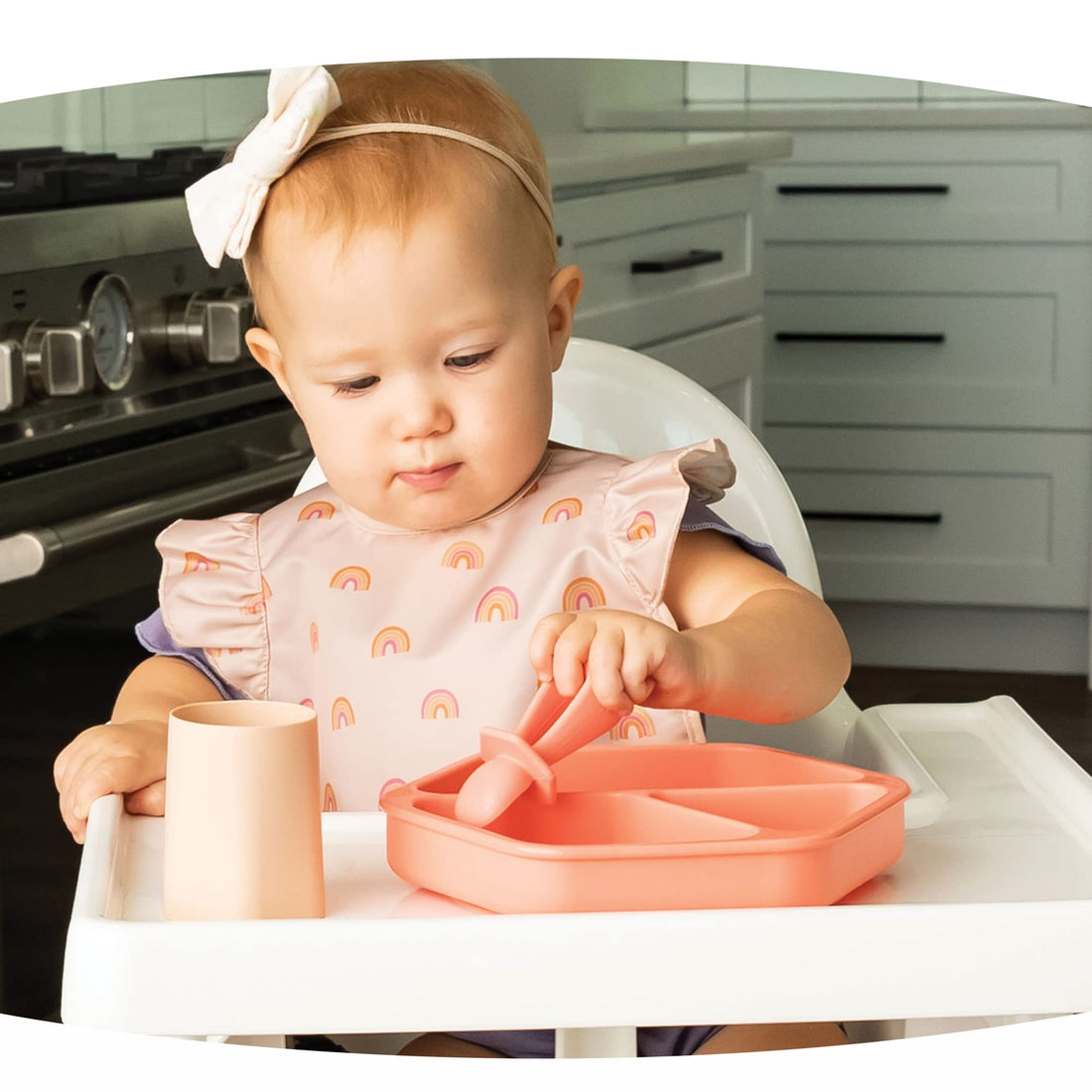 Tiny Twinkle Silicone Suction Baby Plate, Suction Grip Divided Dish for First Foods and Self-Feeding Toddlers, Baby Led Weaning Supplies for Independent Eating (Coral Plate)