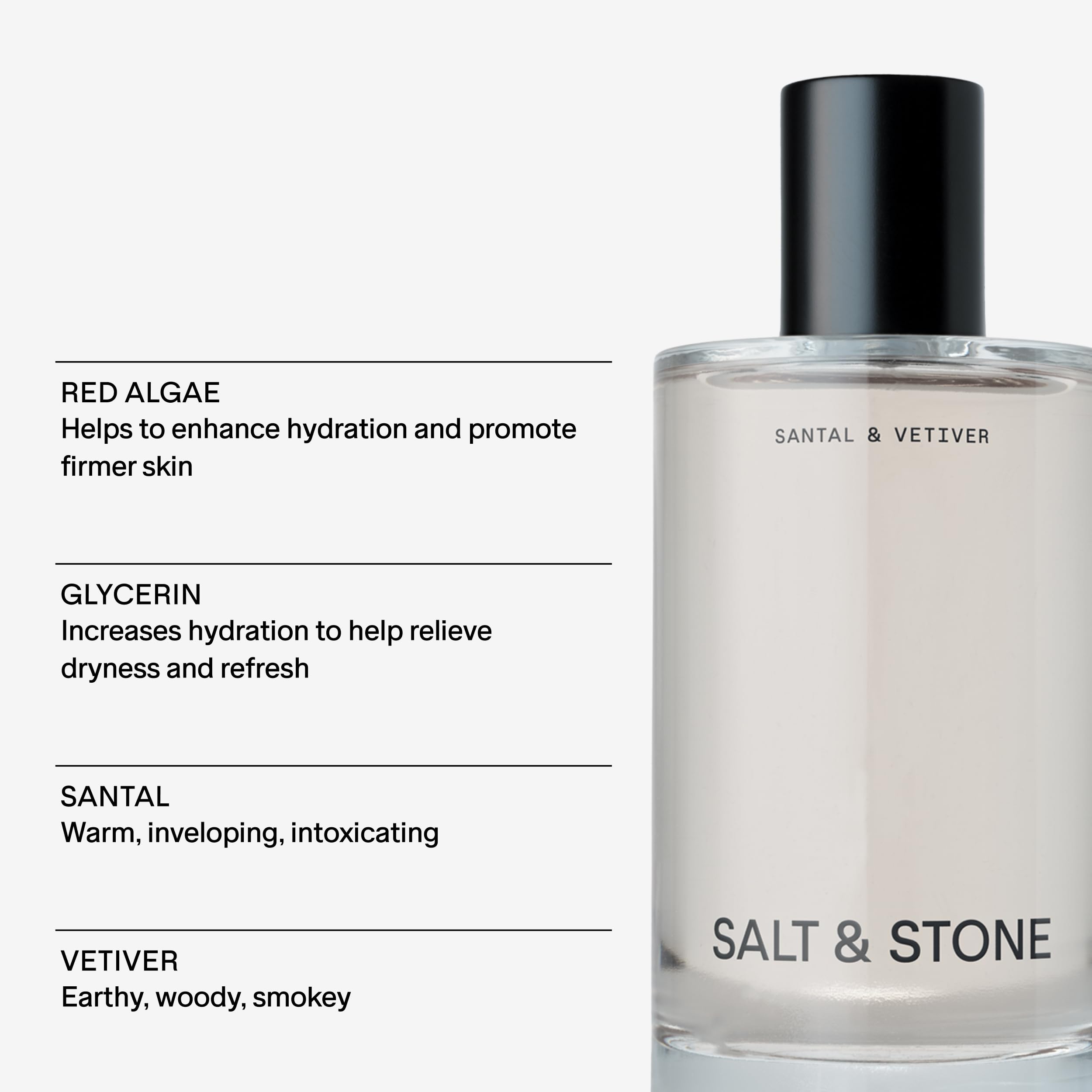 Salt & Stone Body Mist, Santal & Vetiver Scent, Skincare Infused Perfume Hair & Body Spray for Women and Men, Hydrating Fragrance with Glycerin and Red Algae, Vegan, Cruelty Free, 3.4 fl oz