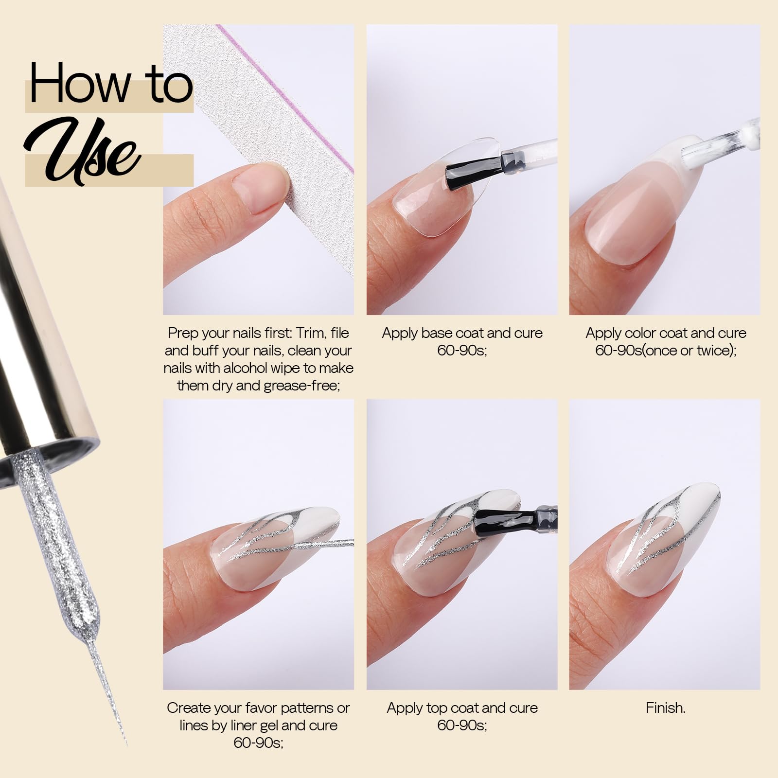 Teenitor Gel Nail Polish for Nail Art Swirl 12ml, 4 Colors of Liner Gel Polish Set, Black White Nail Polish for French Tip, Glitter Gold Silver Nail Art Polish with Thin Brush