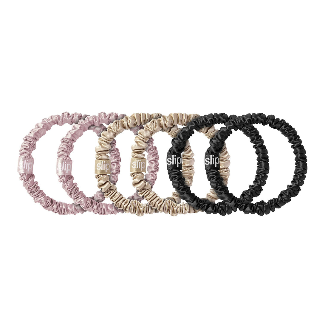 Slip Silk Skinnies Scrunchie Set - Black, Pink, Caramel - Slipsilk Pure Mulberry 22 Momme Silk Hair Tie, Designed to be Gentle & Avoid Hair Crease (6 Scrunchies)