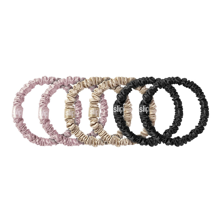 Slip Silk Skinnies Scrunchie Set - Black, Pink, Caramel - Slipsilk Pure Mulberry 22 Momme Silk Hair Tie, Designed to be Gentle & Avoid Hair Crease (6 Scrunchies)