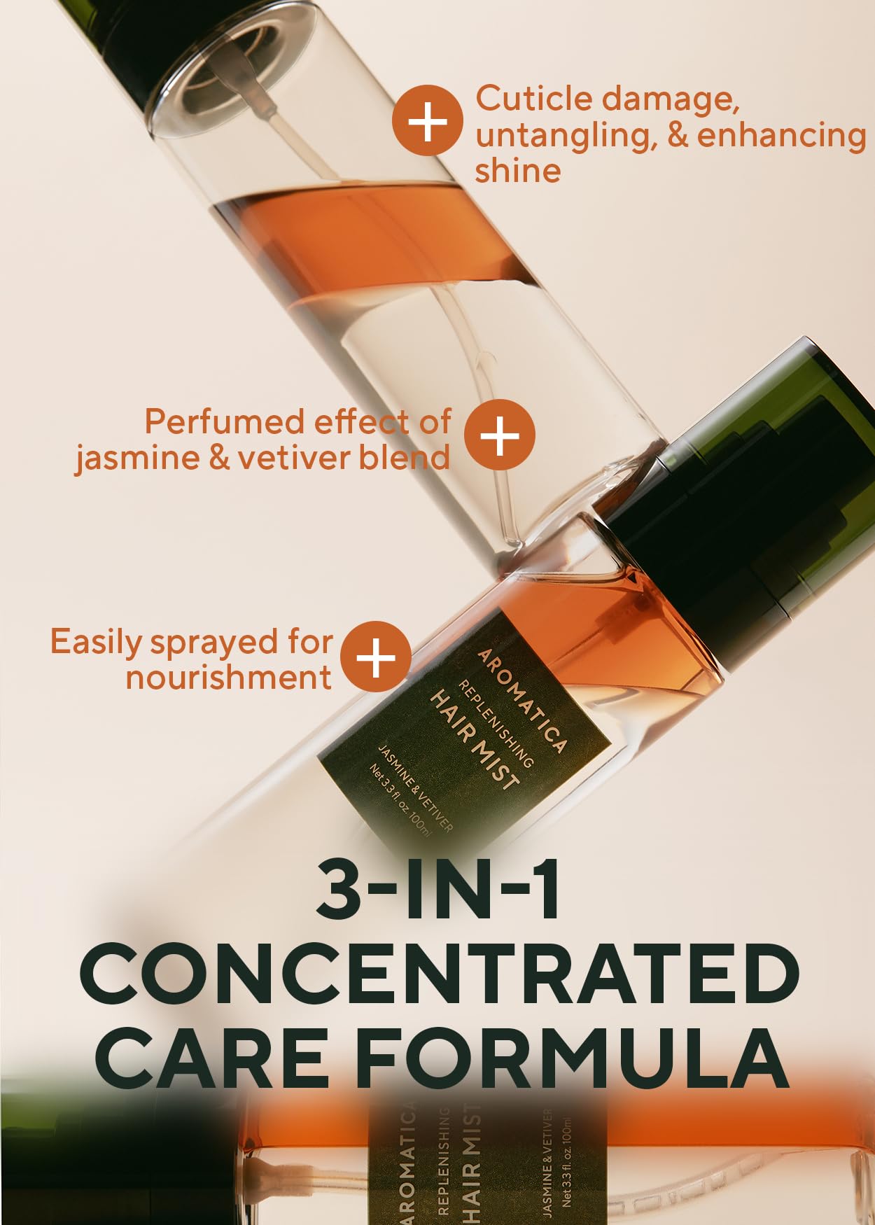 AROMATICA REPLENISHING HAIR MIST JASMINE & VETIVER 3.3fl oz/100ml - Leave In Conditioner Spray & Hair Perfume for Women - Silicone-Free, Detangling, Smoothing & Moisturizing, with Essential Oils