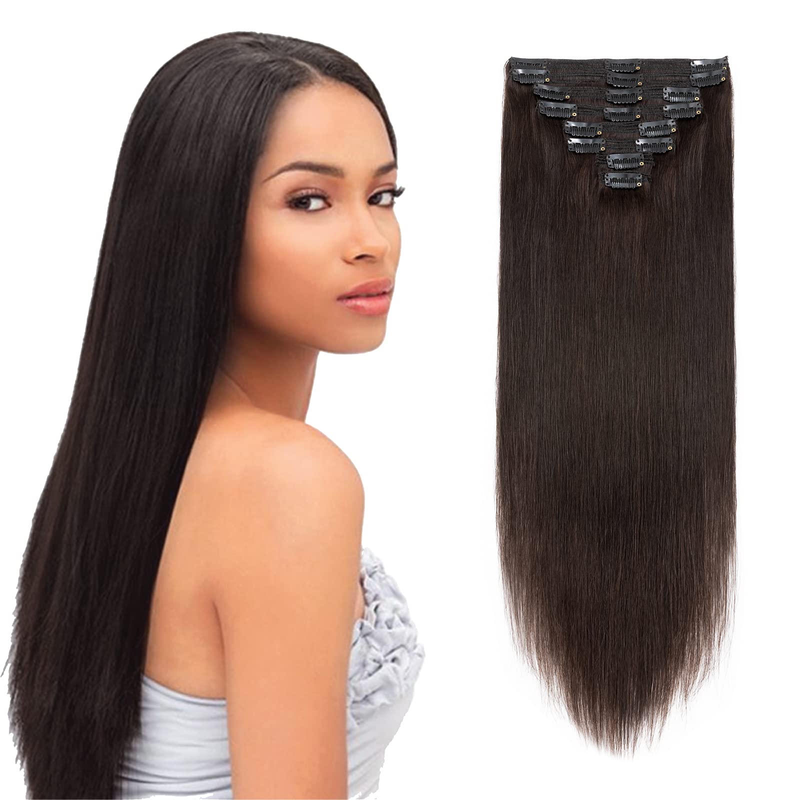10 / 10 inch Double Weft 100% Remy Human Hair Clip in Extensions Grade 7A Quality Full Head Thick Thickened Short Soft Silky Straight 8pcs 18clips for Women Beauty 110g #2 Dark Brown