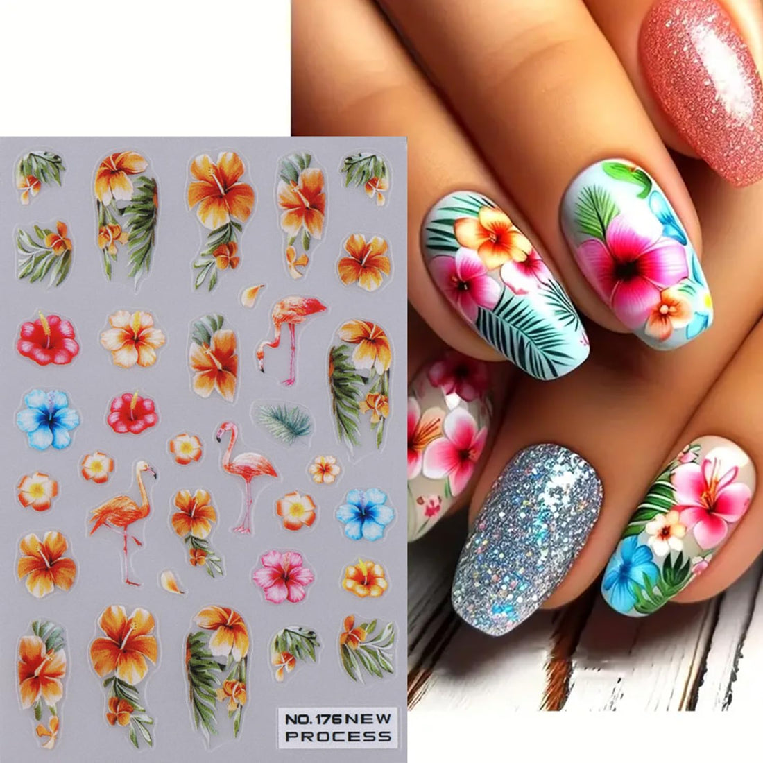 Summer Nail Stickers Flower Palm Coconut Tree Nail Decals 4PCS 3D Self-Adhesive Summer Tropical Ocean Nail Art Supplies Flower Stickers for Nails Slider Manicure Accessories DIY Nail Decorations