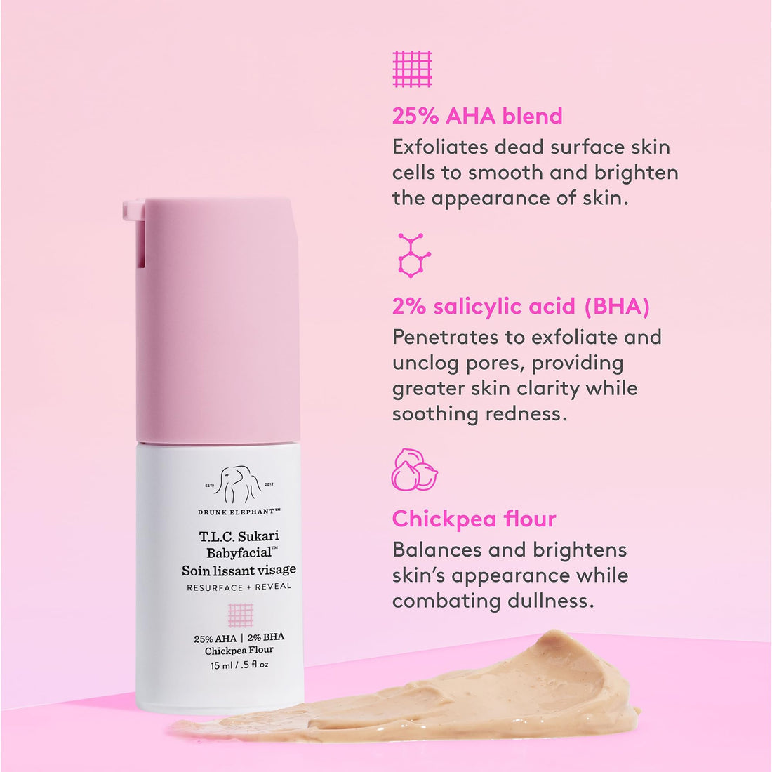 Drunk Elephant T.L.C. Sukari Babyfacial - 15 ml/.5 fl oz - Exfoliating Face Mask - Clean Clinical Skincare - Cruelty-Free - Dermatologist-Tested - Free of Essential Oils, Silicones, and Fragrance