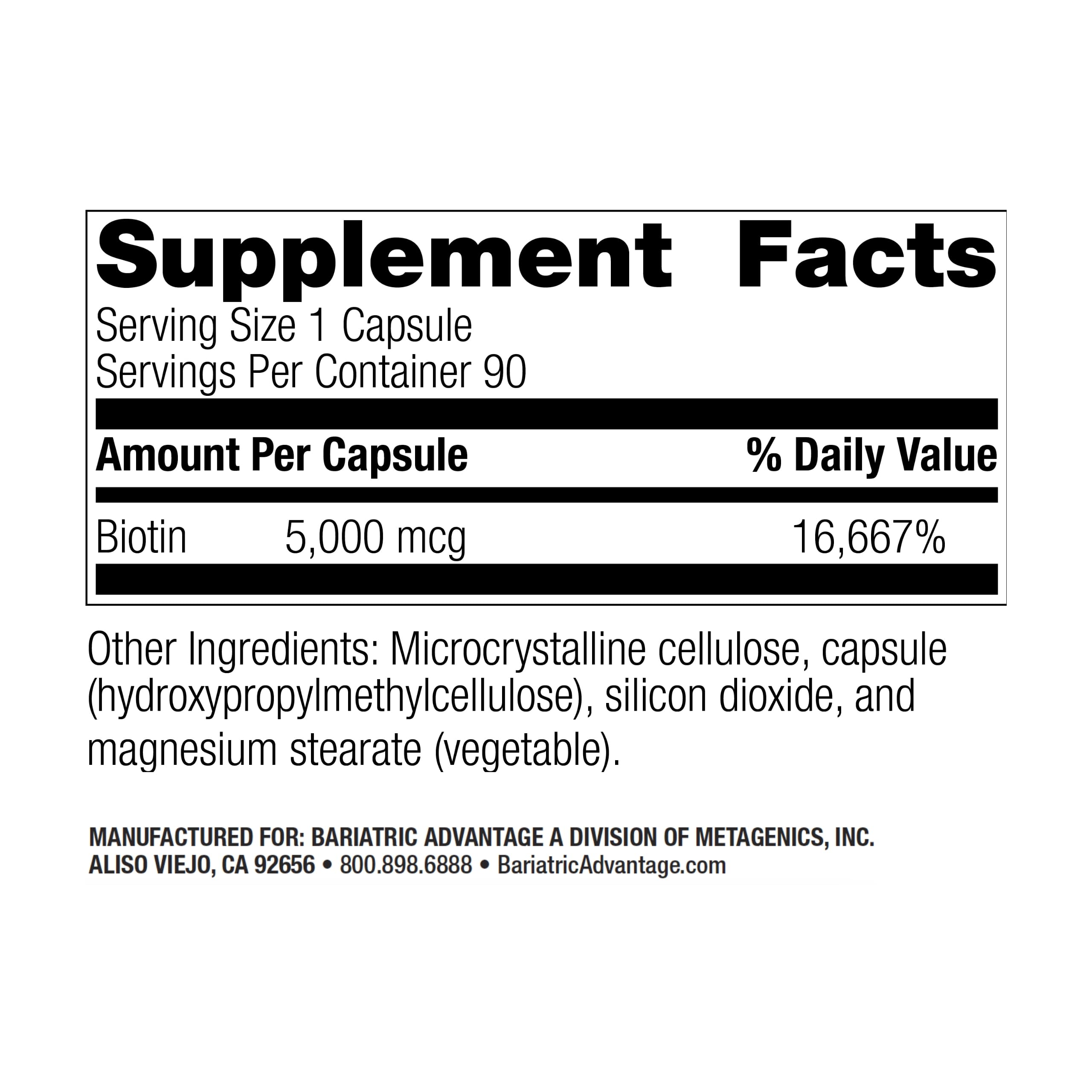 Bariatric Advantage Biotin 5,000 mcg - for Bariatric Surgery Patients - Easy-Digest Mini Capsules - Biotin Supplement - Hair, Skin & Nails Support* - 90 Count