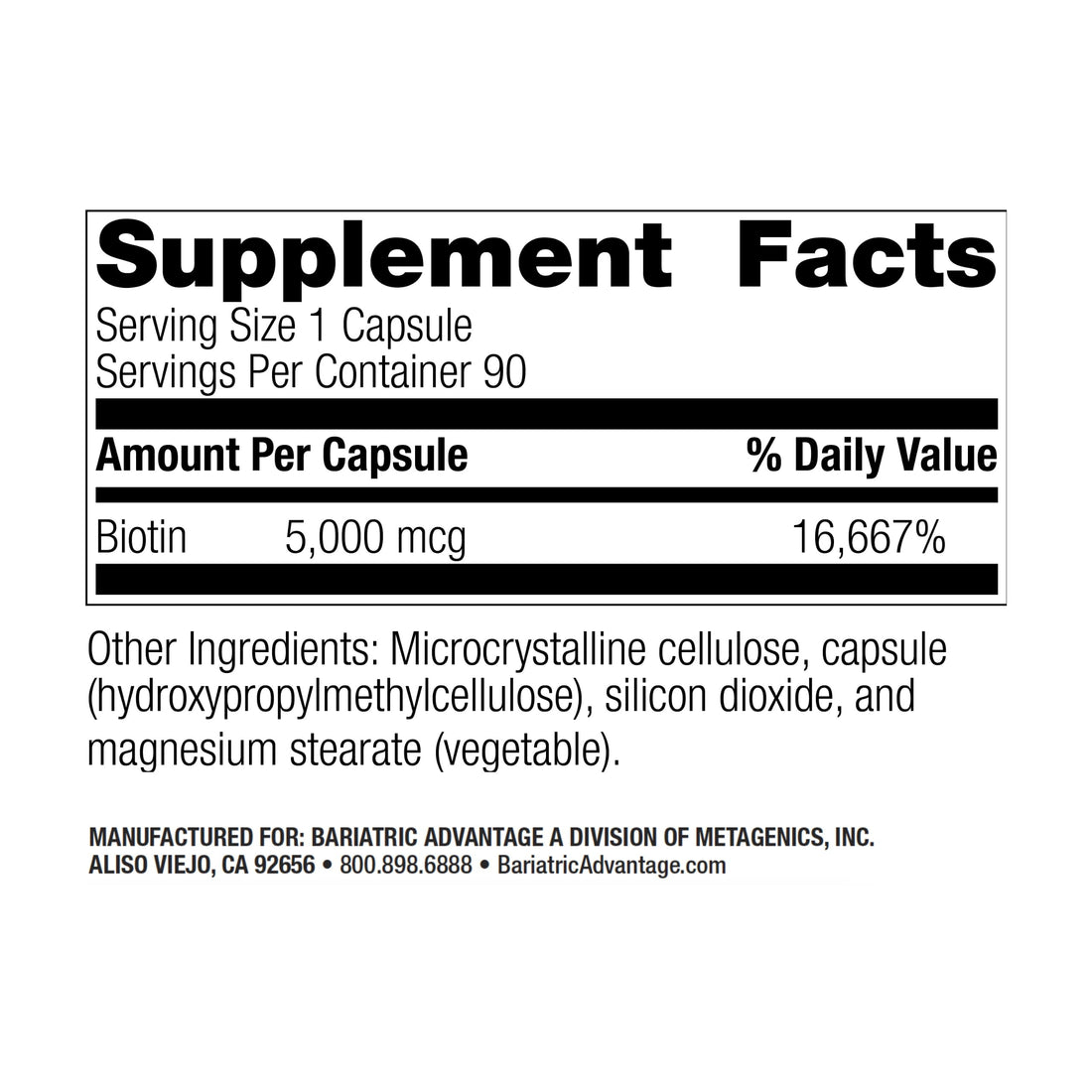 Bariatric Advantage Biotin 5,000 mcg - for Bariatric Surgery Patients - Easy-Digest Mini Capsules - Biotin Supplement - Hair, Skin & Nails Support* - 90 Count