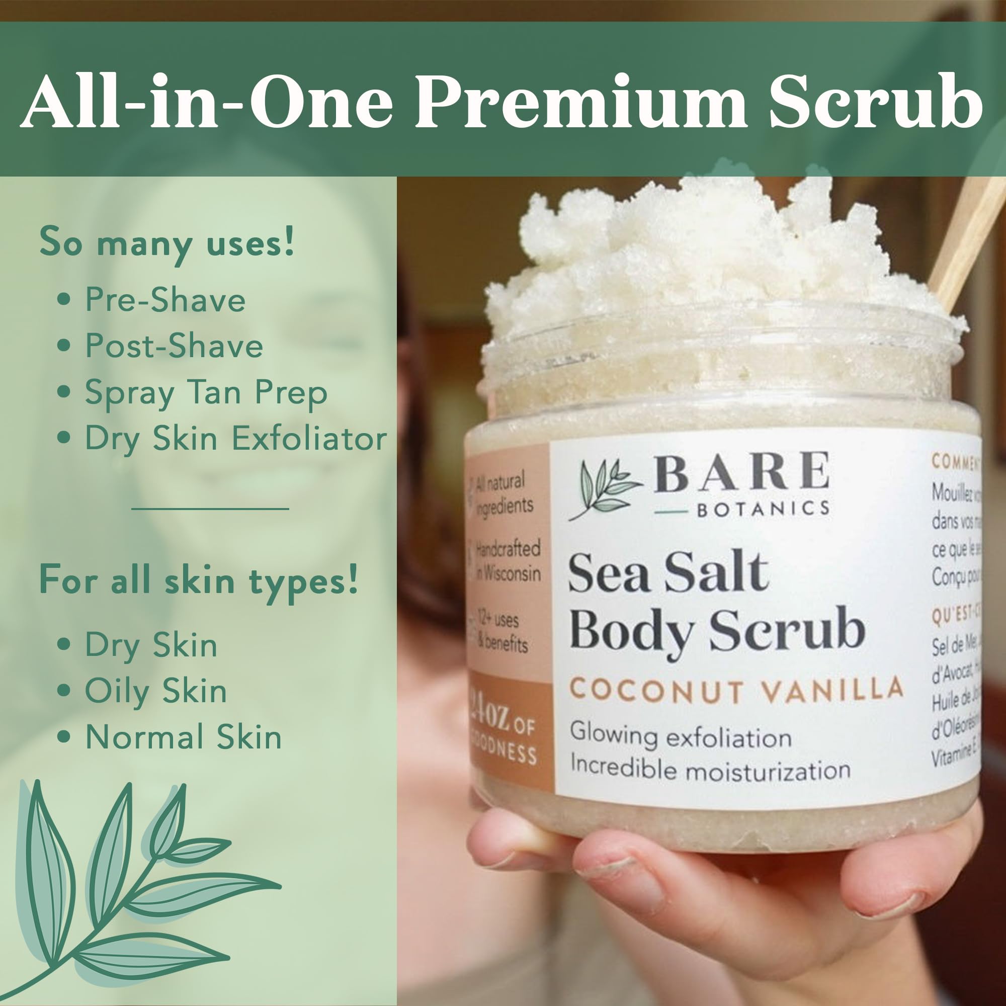 Bare Botanics Lavender Tea Tree Body Scrub 24oz | Made in Madison, WI | All Natural Sea Salt Exfoliator w/ Skin Loving Moisturizers | Vegan & Cruelty Free | Gift Ready Packaging w/ a Cute Wooden Spoon