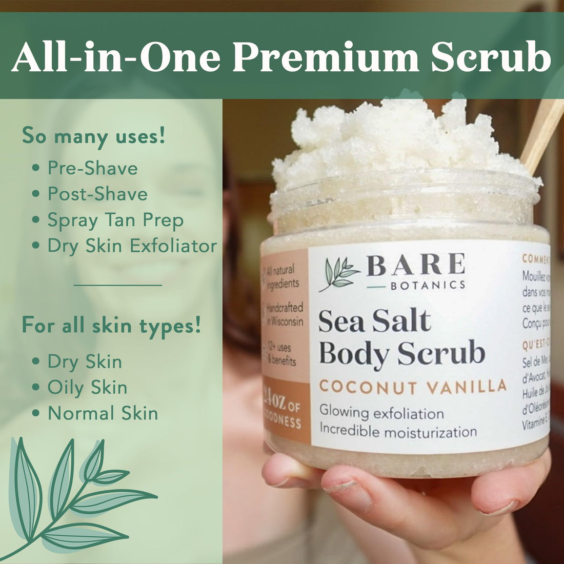 Bare Botanics Unscented Body Scrub 24 oz - Naturally Scented Sea Salt Scrub Made in Madison, WI - Formulated w/Skin Loving Moisturizers - Vegan, Cruelty Free Exfoliator w/a Cute Wooden Spoon