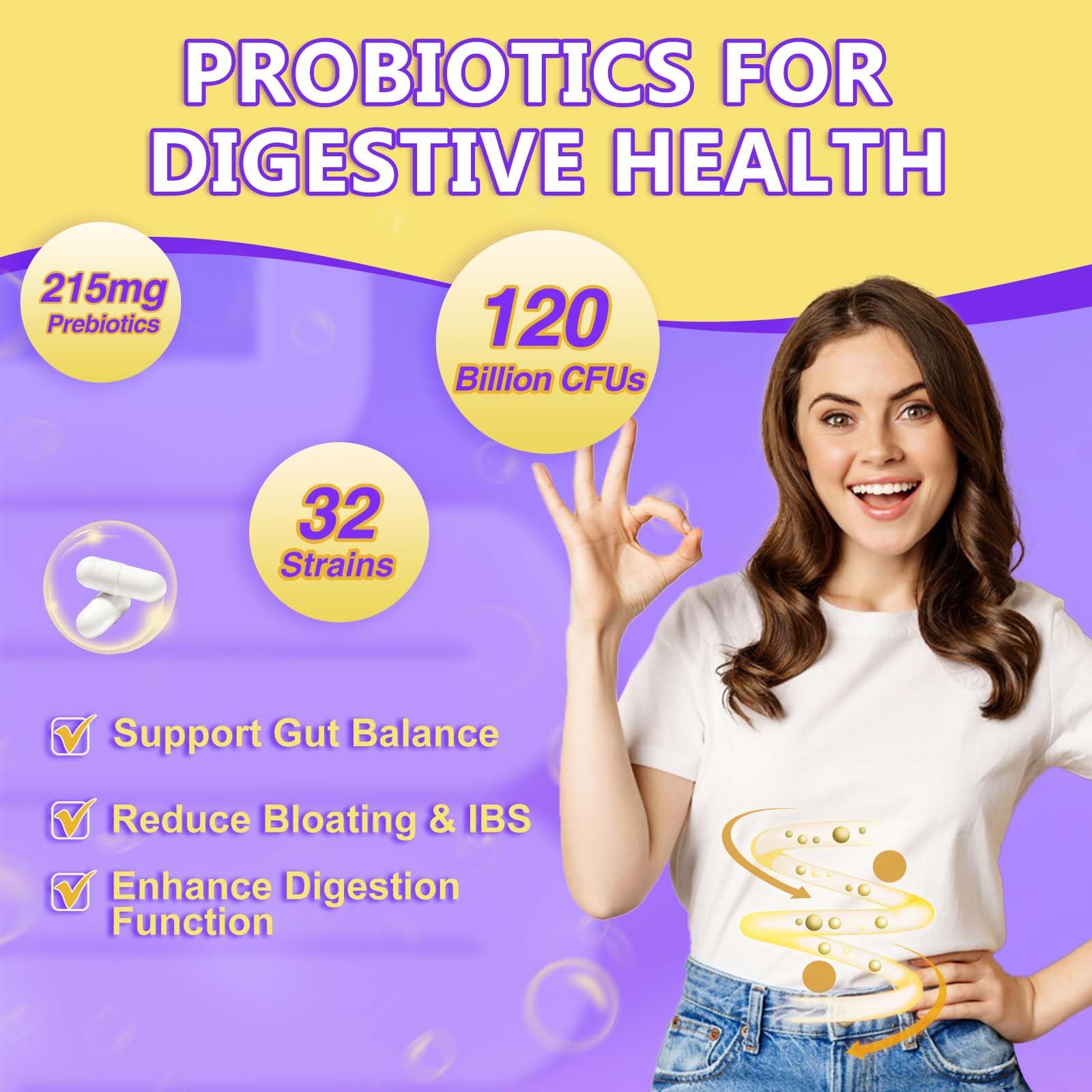 DRFOSTER Probiotics for Women & Men Digestive Health,120 Billion CFUs, Prebiotics and Probiotics for Gut Health, D3, Zinc & Immune Support Herbs, Detox Cleanse, 45 Day - 3 Month Supply