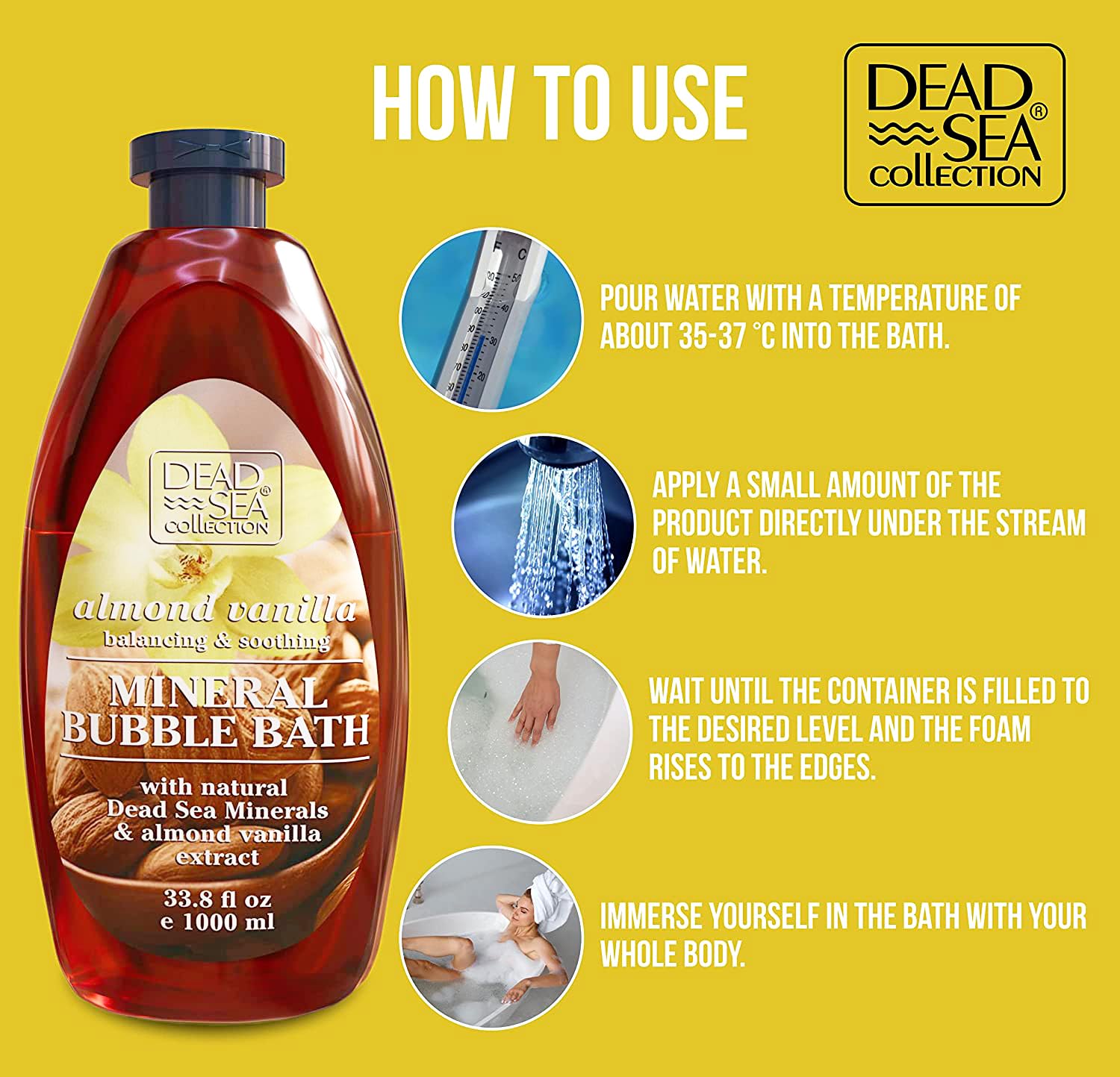 Dead Sea Collection Bubble Bath with Almond Vanilla for Women and Men - Sweet Almond Oil and Dead Sea Salt - Nourishing and Moisturizing Skin - Pack of 2 (67.6 fl.oz)