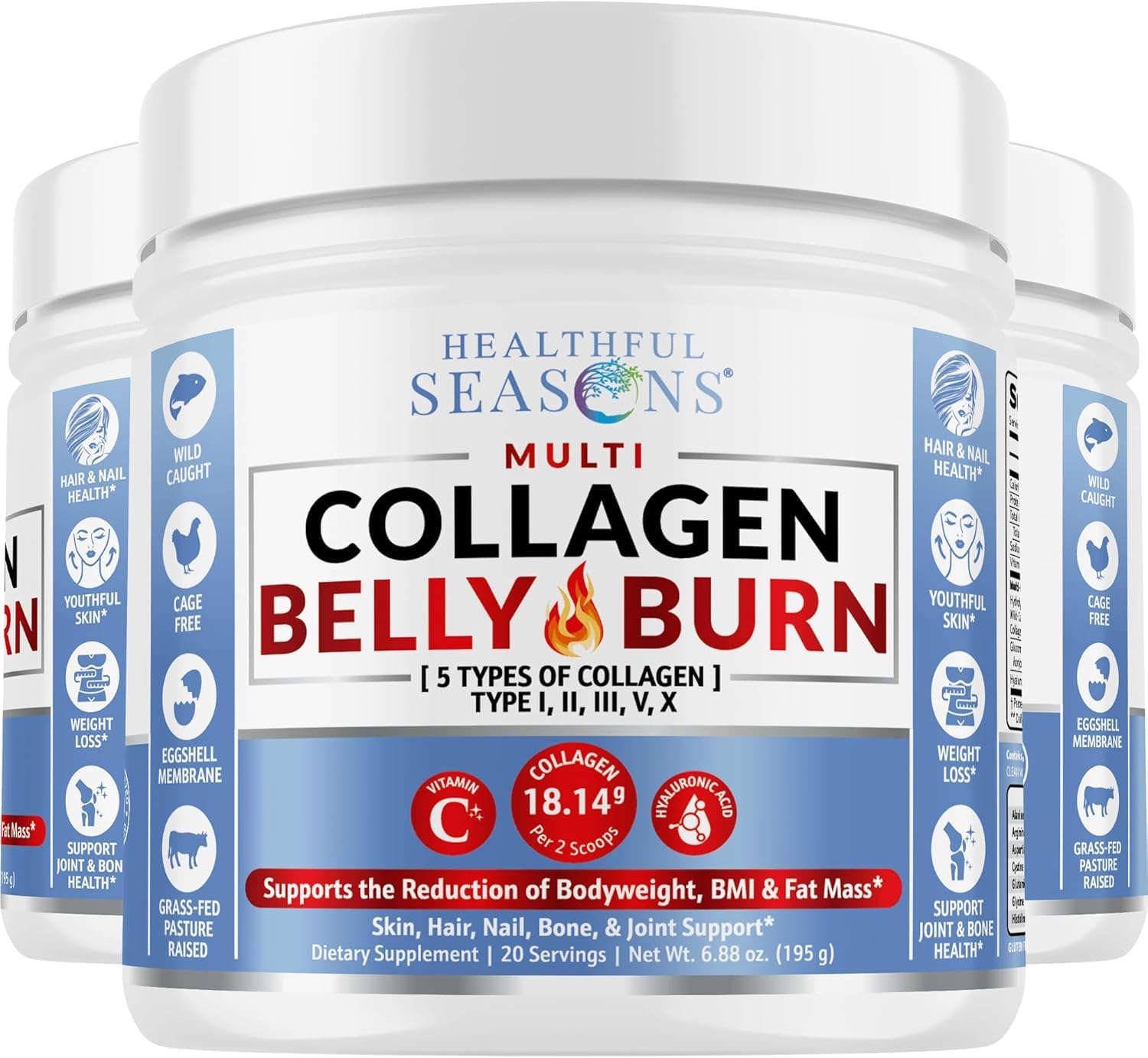 Healthful Seasons Multi Collagen Belly Burn: Hydrolyzed Peptides Powder with Hyaluronic Acid and Vitamin C + L-Carnitine and Glucomannan - Unflavored