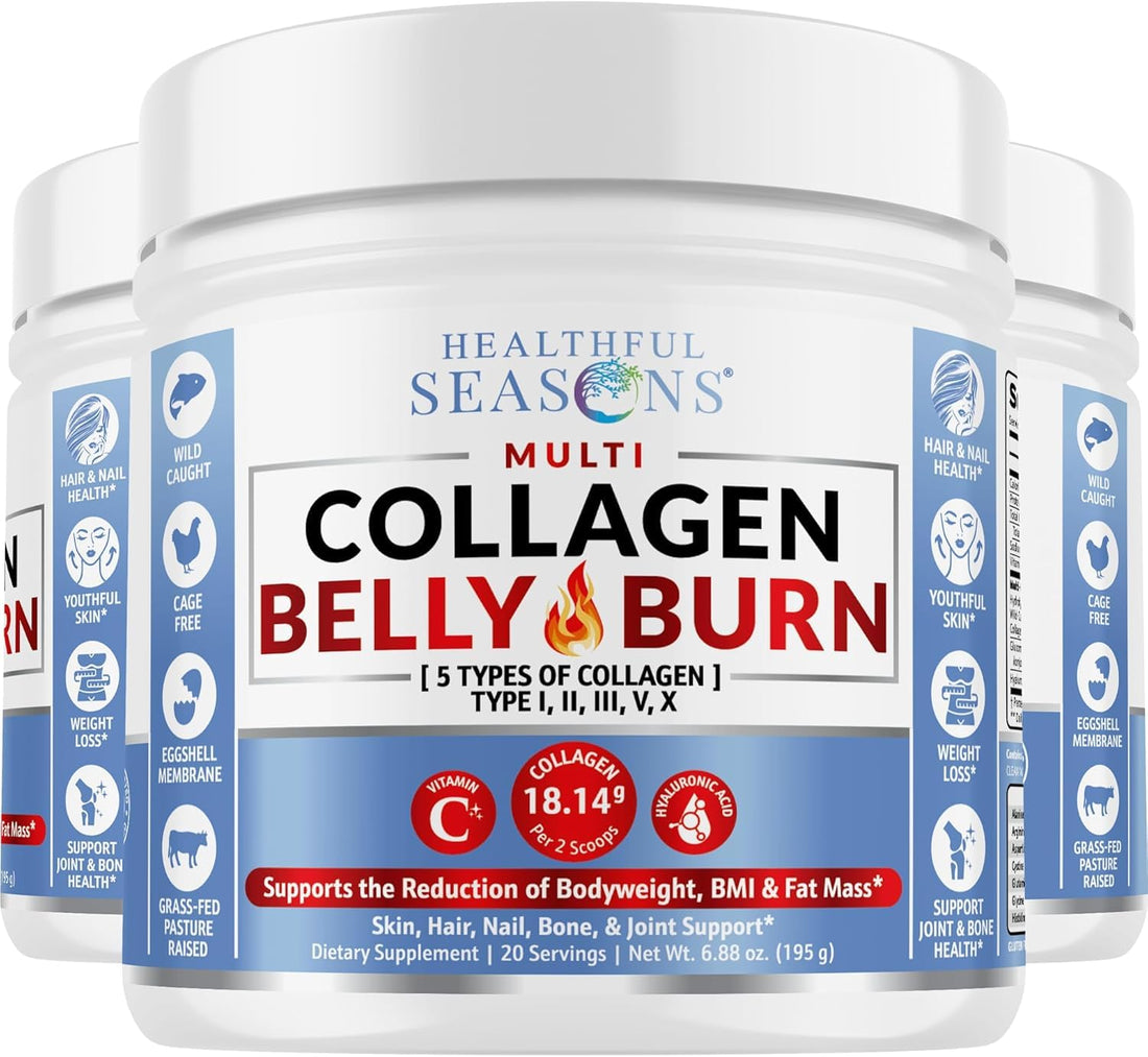 Healthful Seasons Multi Collagen Belly Burn: Hydrolyzed Peptides Powder with Hyaluronic Acid and Vitamin C + L-Carnitine and Glucomannan - Unflavored