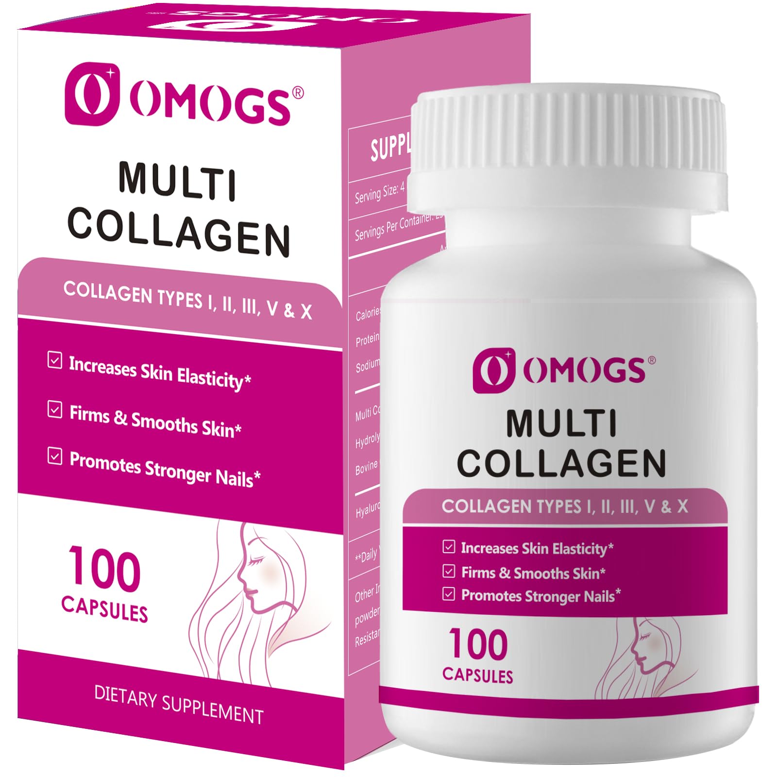 OMOGS Collagen Peptides Capsule,Naturally Sourced Hydrolyzed Collagen with prebiotic & Cranberry Extract - Hair, Skin, Nail, Joint, Digestive Health & Immune Support, Non-GMO, 100 Capsule.