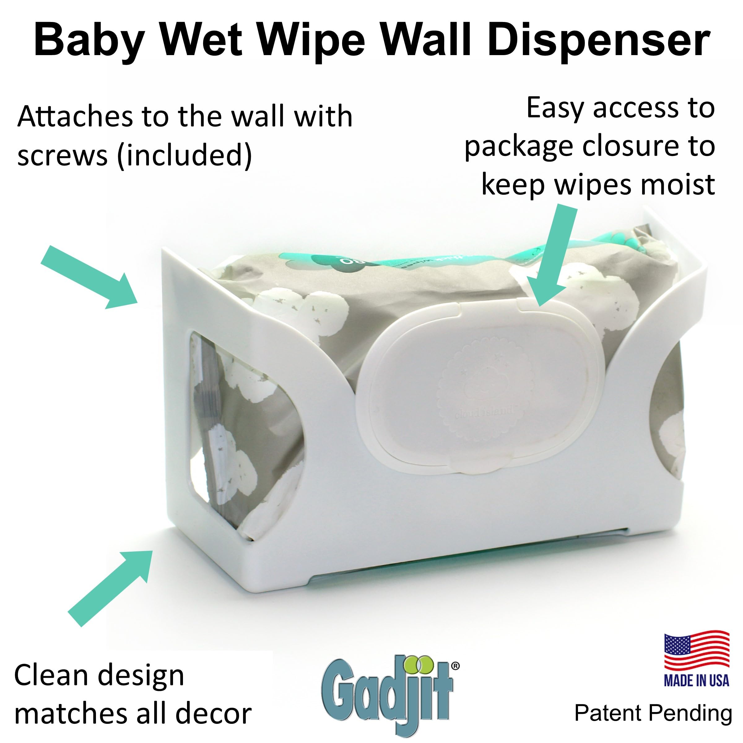 Gadjit Wet Wipes-Baby Wipe Wall Dispenser (2 Pack-WHITE) | Mounts on a Wall and Holds Up to a 84 Count Pack of Wipes | Keeps Wipes Within Easy Reach | One-Handed Wipes Dispensing Diaper Station