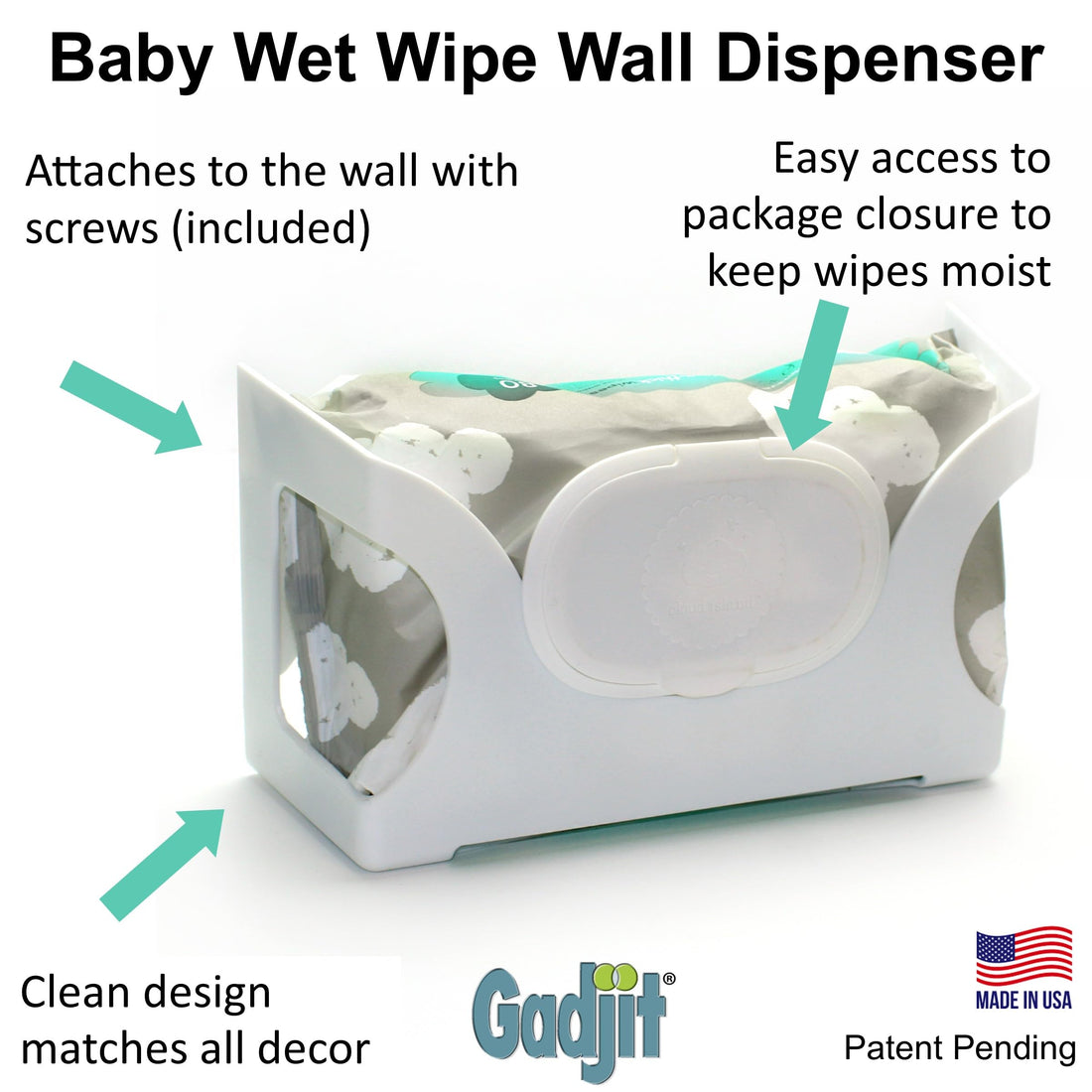 Gadjit Wet Wipes-Baby Wipe Wall Dispenser (2 Pack-WHITE) | Mounts on a Wall and Holds Up to a 84 Count Pack of Wipes | Keeps Wipes Within Easy Reach | One-Handed Wipes Dispensing Diaper Station