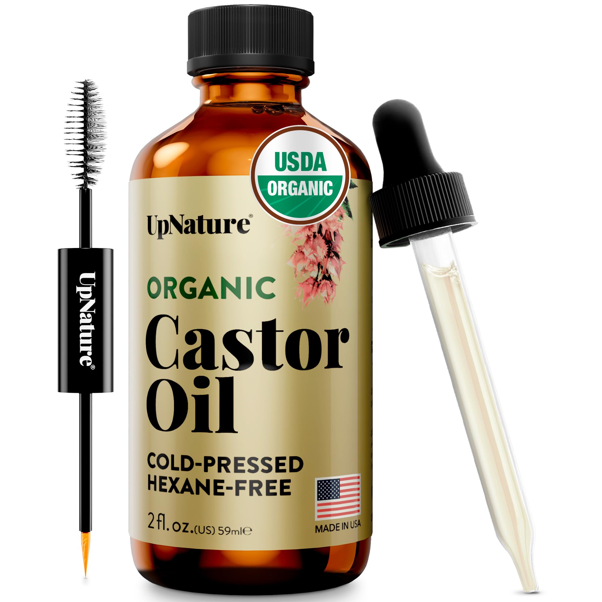 UpNature Organic Castor Oil for Eyelashes – Lash Serum for Eyelash Growth with Hexane-Free Cold-Pressed Oil (2oz) Includes Mascara Tube