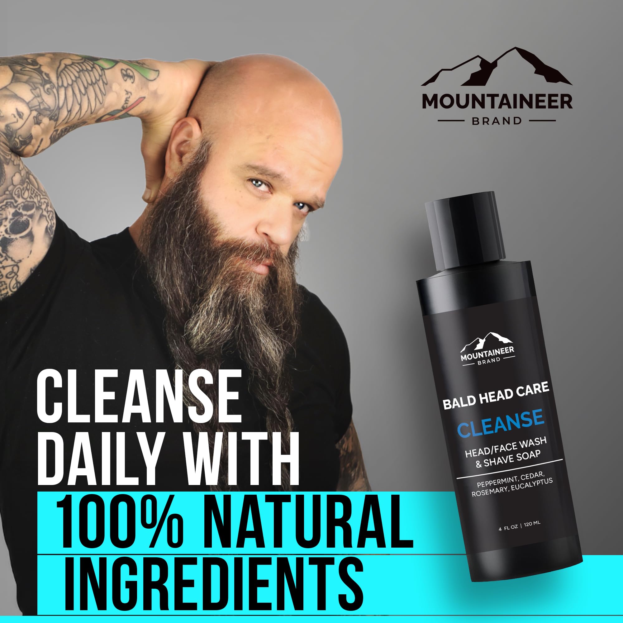 Mountaineer Brand Bald Head Shampoo & Moisturiser | Fresh & Natural Scent | Bald Head Care for Men | Made in WV | Hydrating Soap & Wash | Non-Greasy Scalp & Face Balm | 4oz