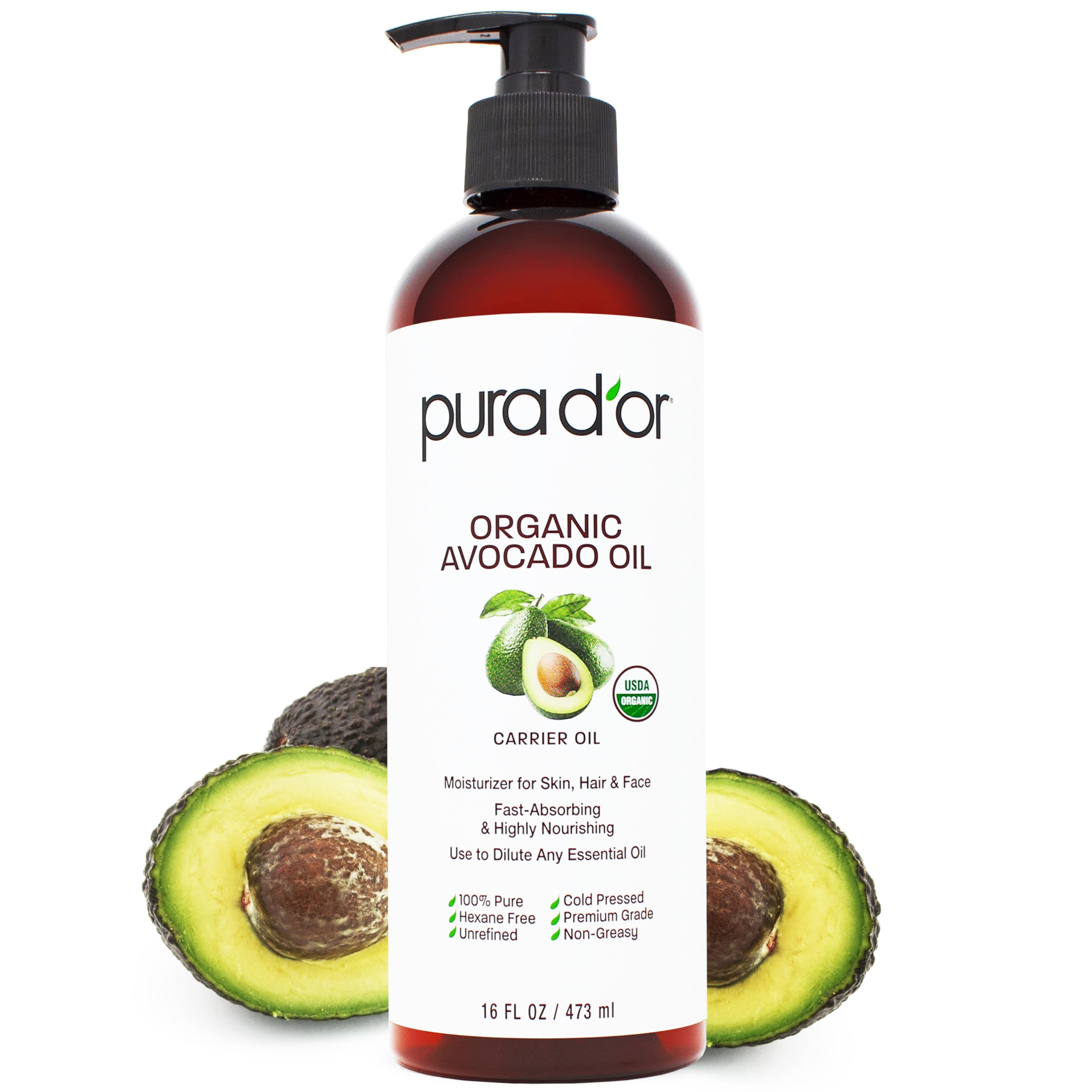 PURA D'OR 16 Oz ORGANIC Avocado Oil - 100% Pure & Natural USDA Certified Cold Pressed Carrier Oil For DIY Beauty, Non-Greasy, Unscented, Hexane Free Liquid Moisturizer - Face Skin & Hair - Men & Women