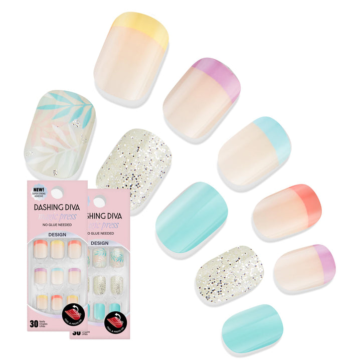 Dashing Diva Magic Press Nail Bundle - On An Island Collection - Square Press On Nails - Eternal Youth & Stay Palm - Long Lasting Gel - Lasts Up to 7 Days - 2 Sets