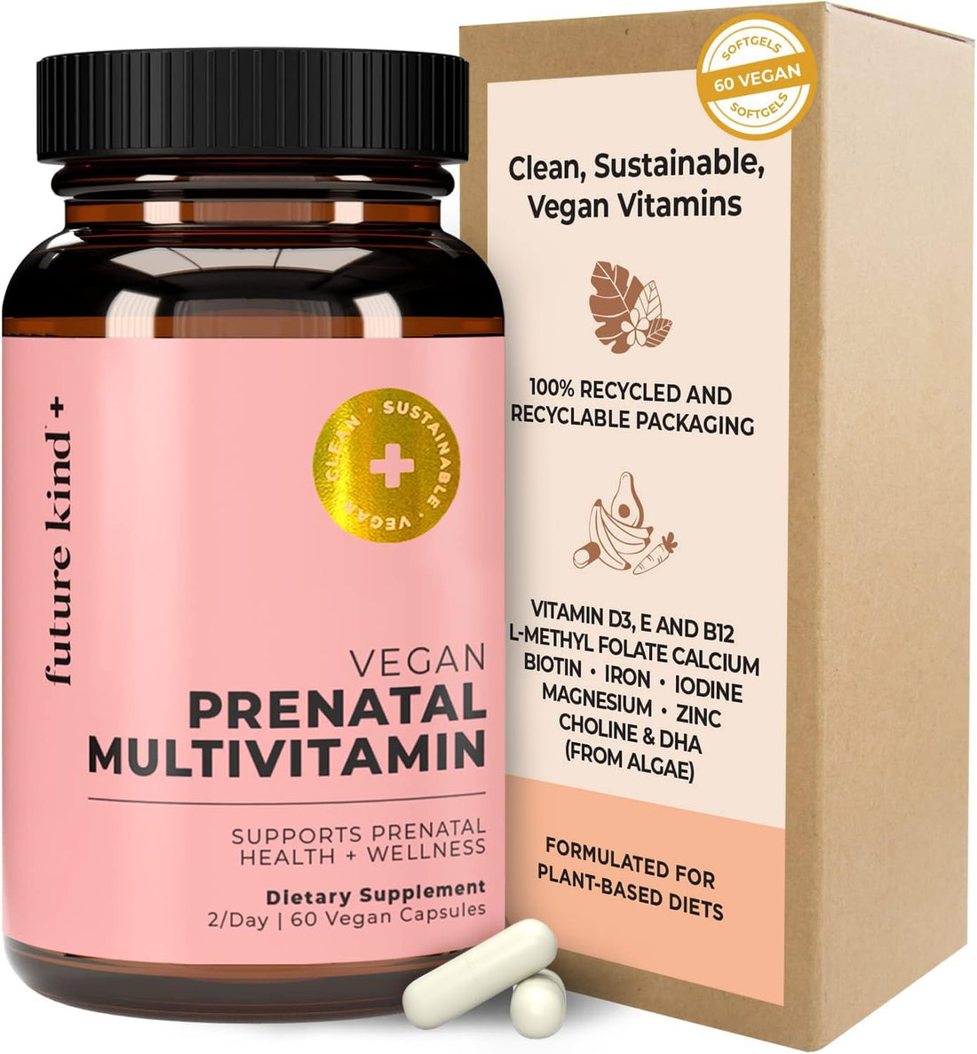 Future Kind Vegan Prenatal Vitamin with DHA & L-Methylfolate in Glass Bottle - Prenatal Folate Supplement for Women with Vitamin D & E, Iron & Biotin - Gluten-Free, Non-GMO (60ct)