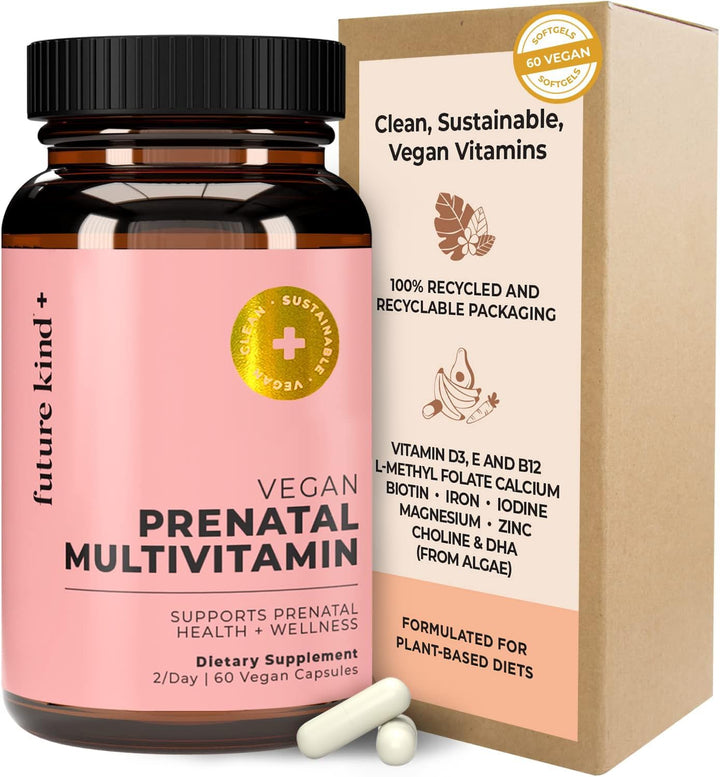 Future Kind Vegan Prenatal Vitamin with DHA & L-Methylfolate in Glass Bottle - Prenatal Folate Supplement for Women with Vitamin D & E, Iron & Biotin - Gluten-Free, Non-GMO (60ct)
