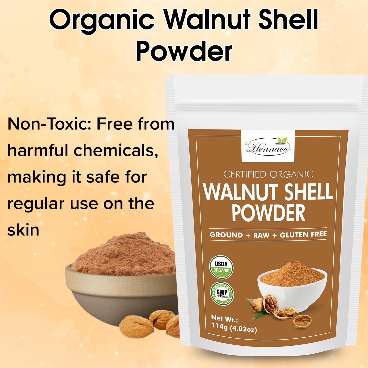 hennaco Organic Walnut Shell Powder| Natural Exfoliant | Resealable Zip Lock Pouch | USDA Organic| Pure & Natural Powder for Skin | Suitable for Face, body, & Foot Scrub | 114 Grams (4 OZ)