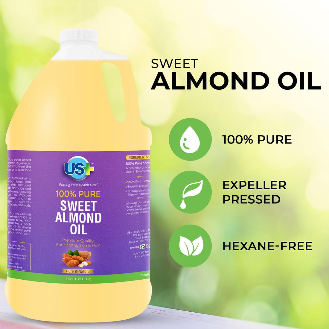 US+ 100% Pure Sweet Almond Oil - All-natural, Expeller-pressed, Hexane-free - Premium Quality for Healthy Skin & Hair (1 Gallon)