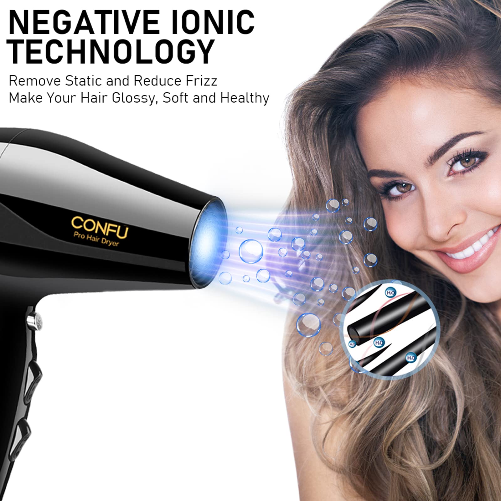 Professional Ionic Hair Dryer CONFU 1875W AC Motor Blow Dryer with Diffuser 2 Concentrators Fast Drying with 3 Heat 2 Speed Settings Cool Shot Button LED Night Light ETL Certified Black