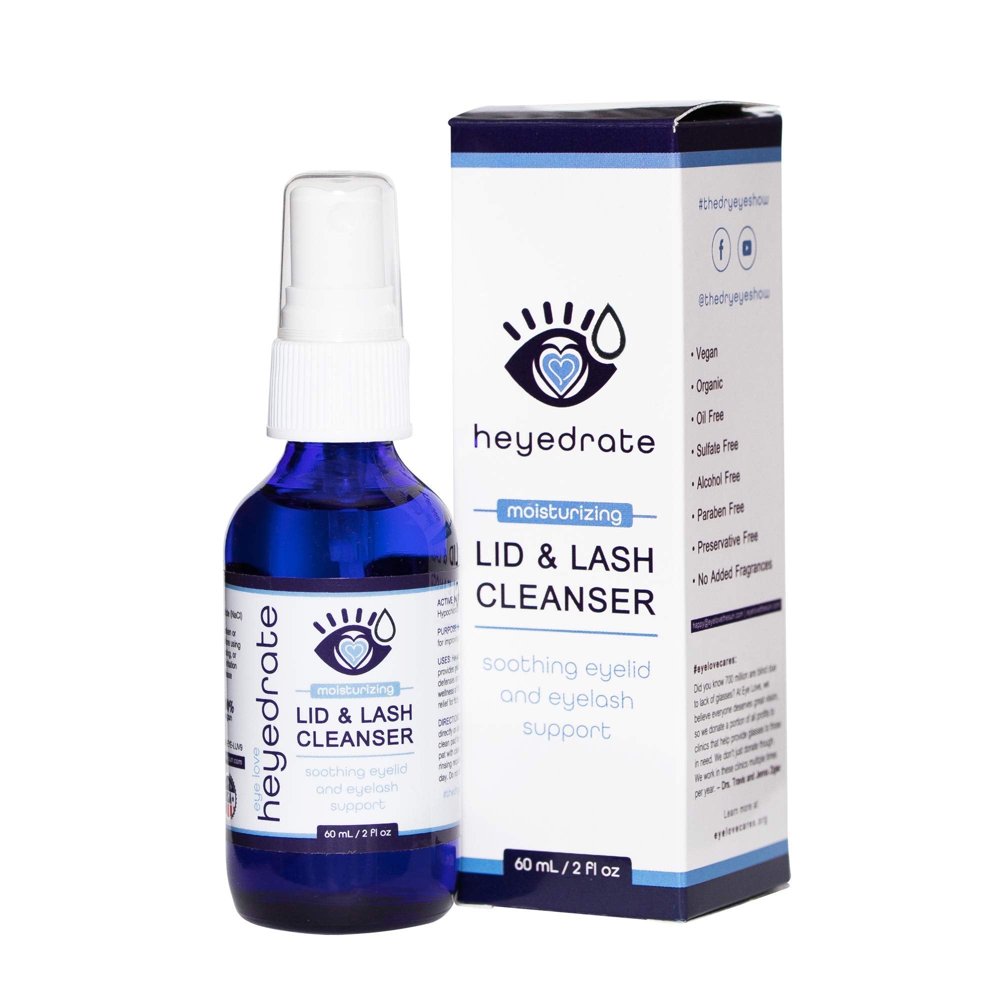 Heyedrate Lid and Lash Cleanser – 2oz Glass Bottle – Pure Hypochlorous Acid Spray for Soothing Dry Eye Irritation – Daily Eyelid & Lash Cleanser