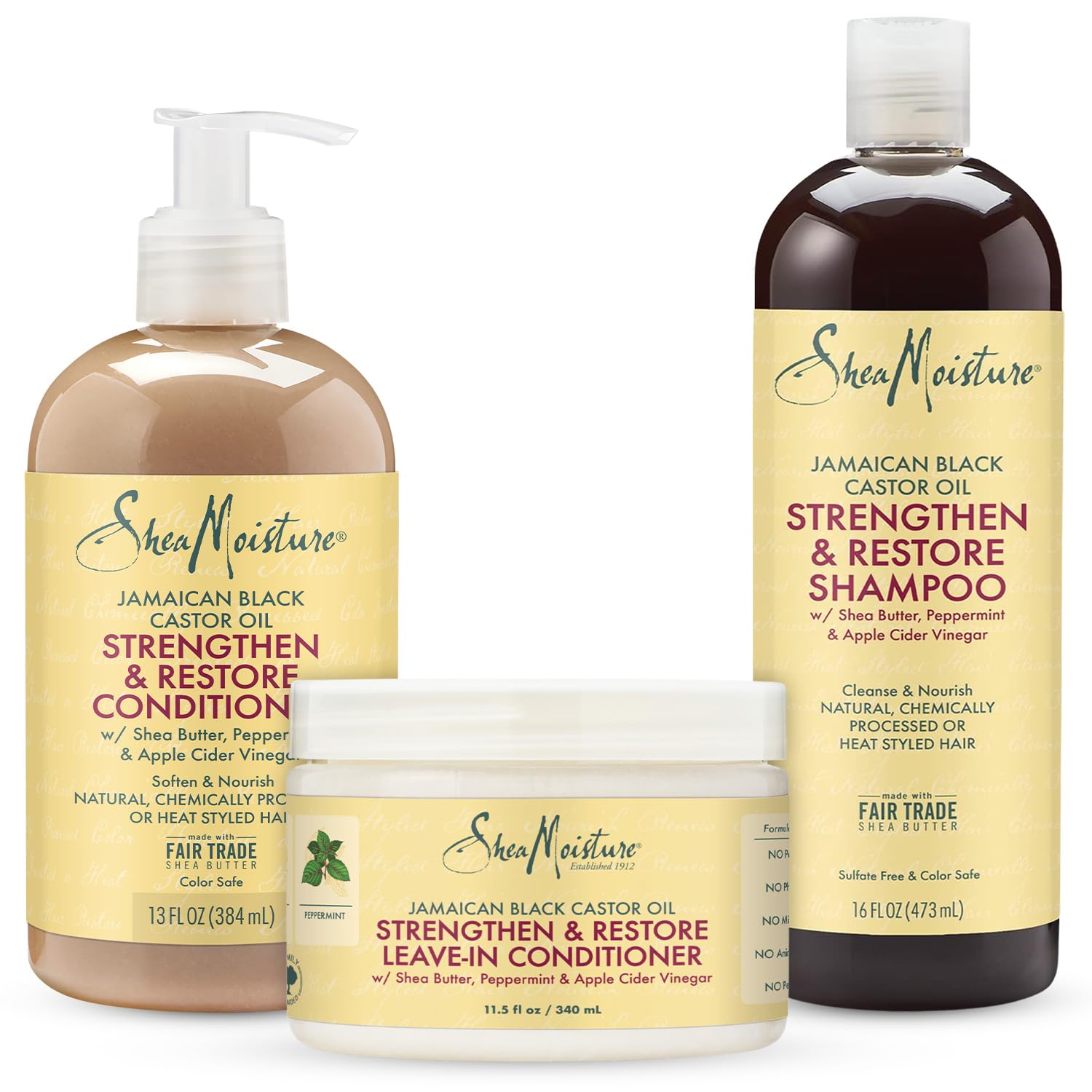 SheaMoisture Curly Bundle: 16 oz Shampoo, 13 oz Conditioner, 11.5 oz Leave-in with Jamaican Black Castor Oil for Healthy Growth and Restoration - Sulfate Free
