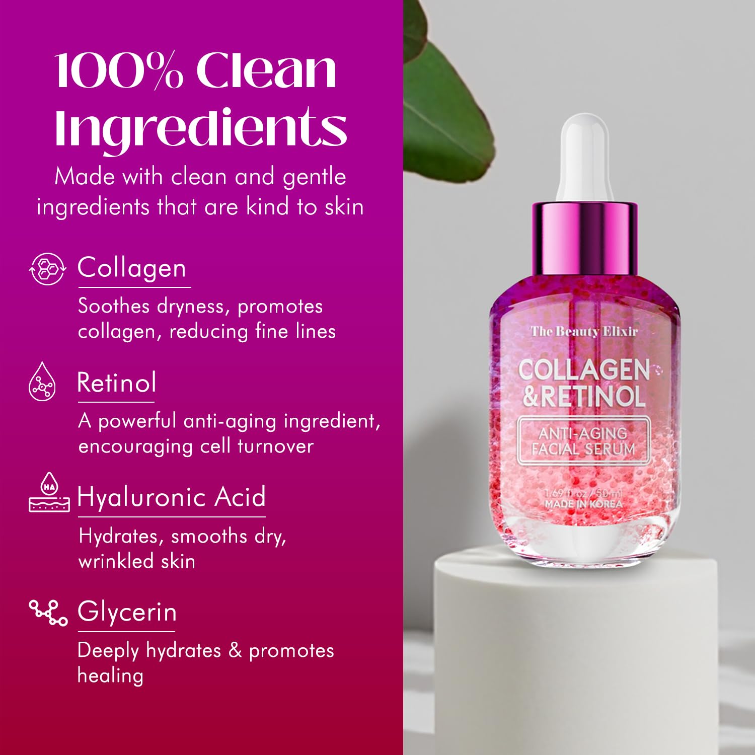 Beauty Elixir Collagen & Retinol Face Serum - Restores, Smooths & Reduces Wrinkles - Dermatologist Tested, Natural Ingredients, Clean Beauty & Cruelty-Free Korean Skin Care - 1.69 Fl. Oz