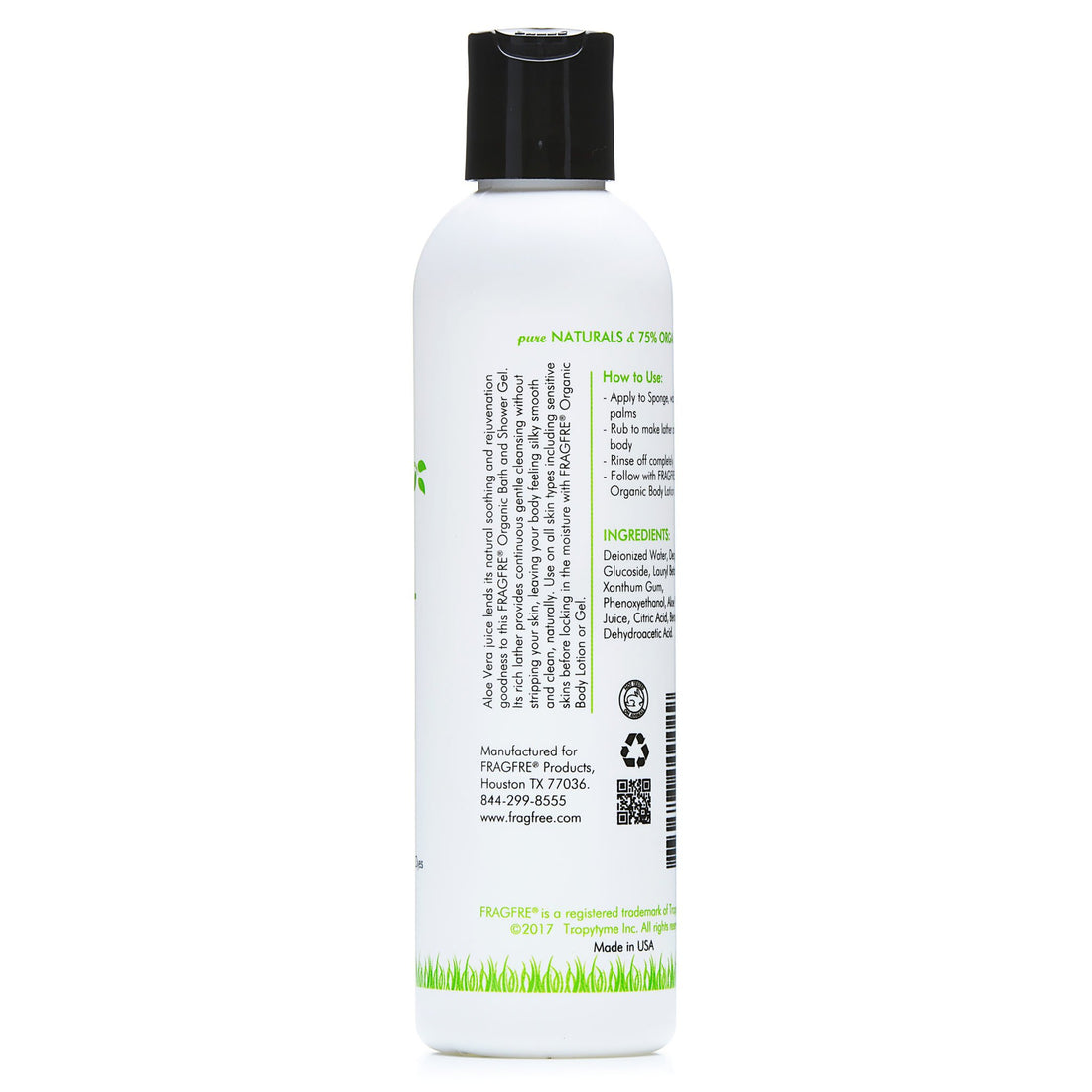 FRAGFRE Organic Shower Gel 8 oz - Fragrance Free Sulfate Free Parabens Free - for Normal and Dry Sensitive Skins - Gluten Free Vegan Cruelty Free - Organic Aloe Vera Bath Shower Gel - pure Natural