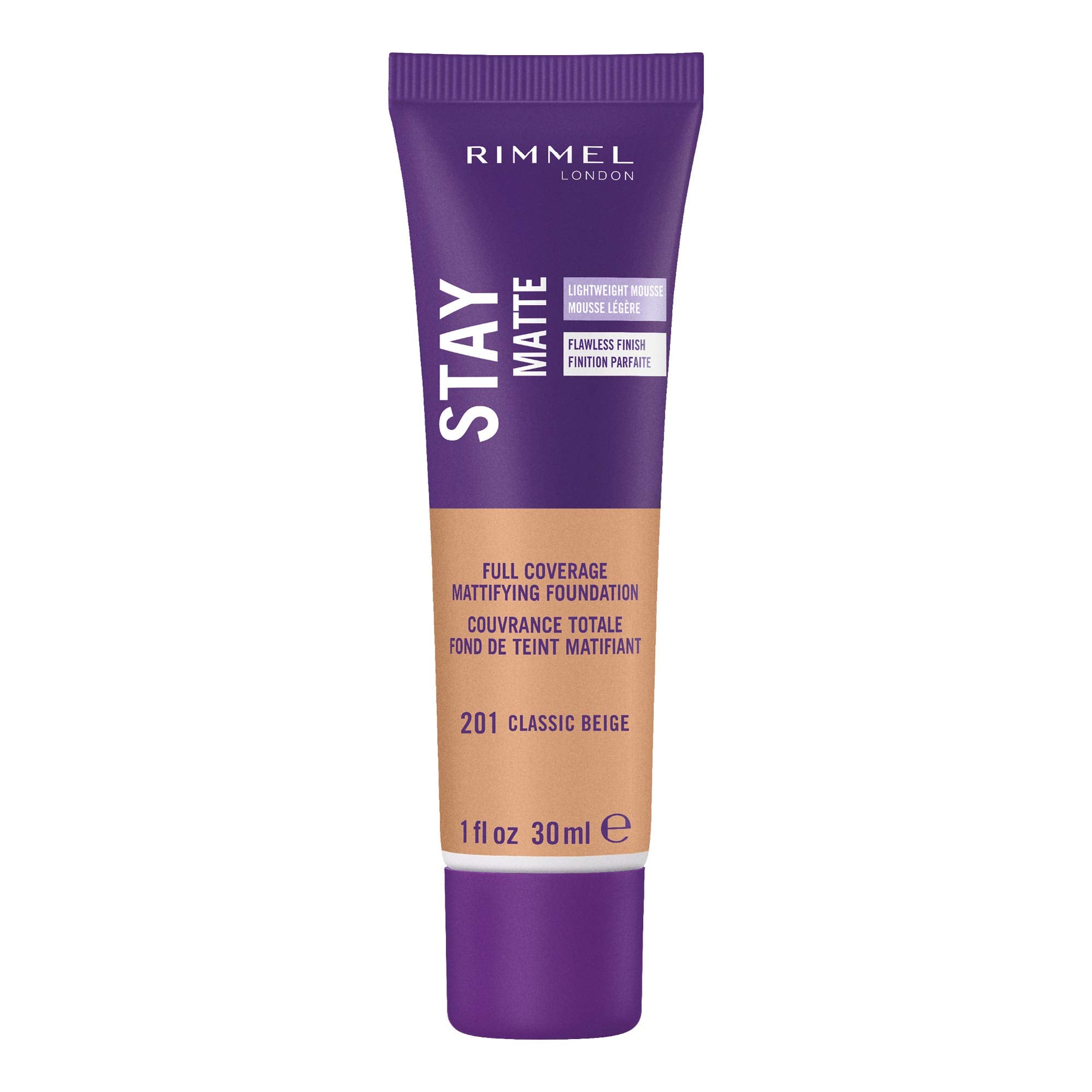 Rimmel London Stay Matte Liquid Mousse - 201 Classic Beige - Foundation, Lightweight, Shine Control, Oil-Free, 1oz