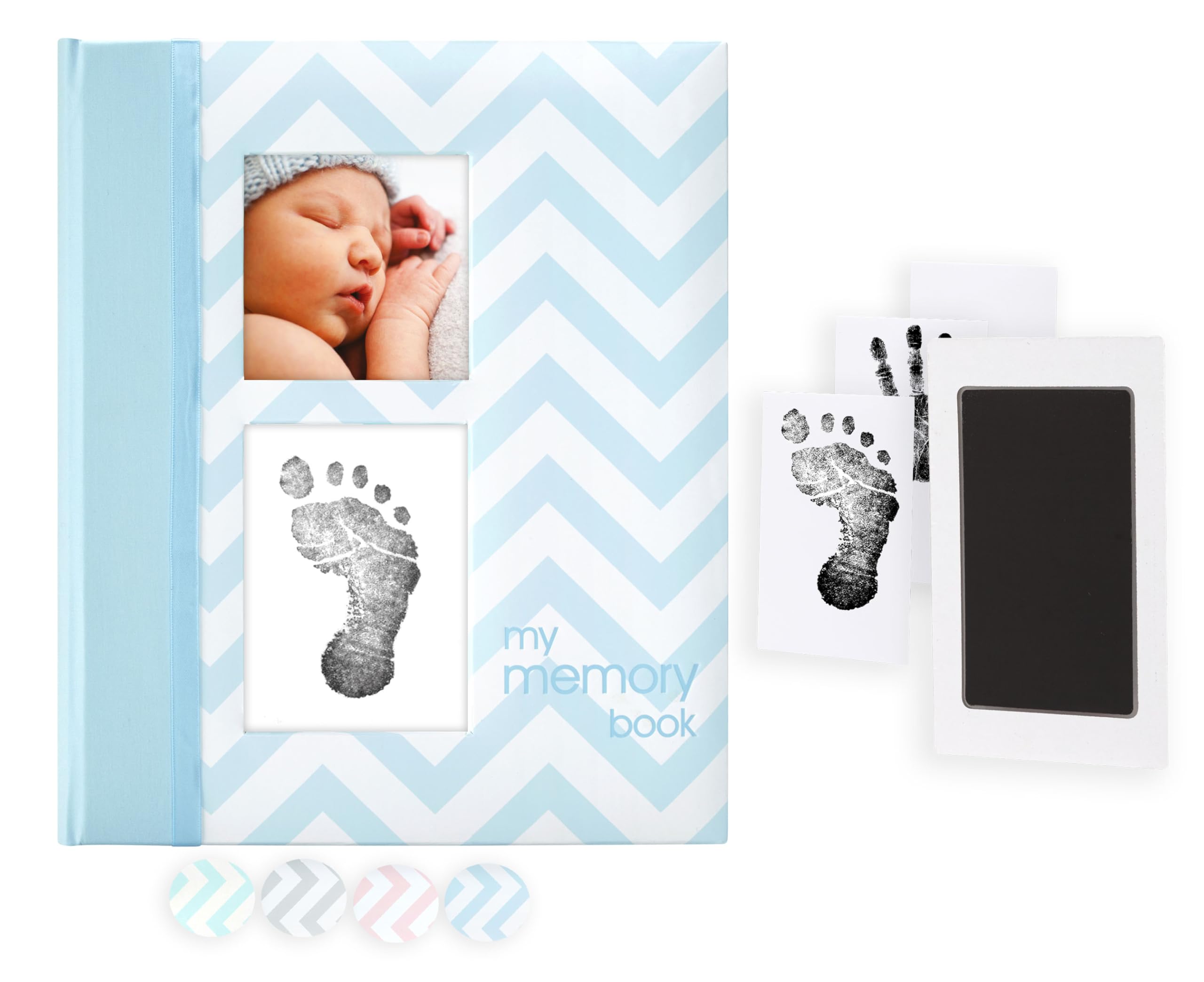 Pearhead Baby Memory Book, First 5 Years Baby Milestone Book, Pregnancy Journal, Gender Neutral Newborn Keepsake, With Clean-Touch Ink Pad For Baby's Handprint or Footprint, Blue Chevron