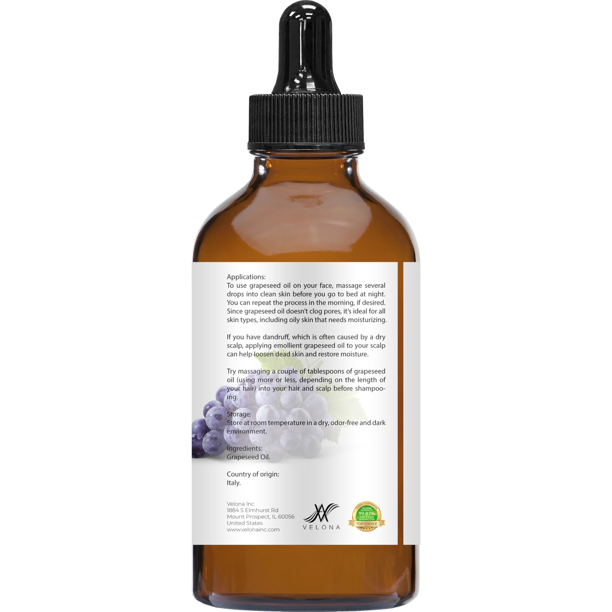 velona Grapeseed Oil 4 fl oz | 100% Pure and Natural Carrier Oil | Refined, Cold pressed | Skin, Face, Body, Hair Care | Use Today - Enjoy Results
