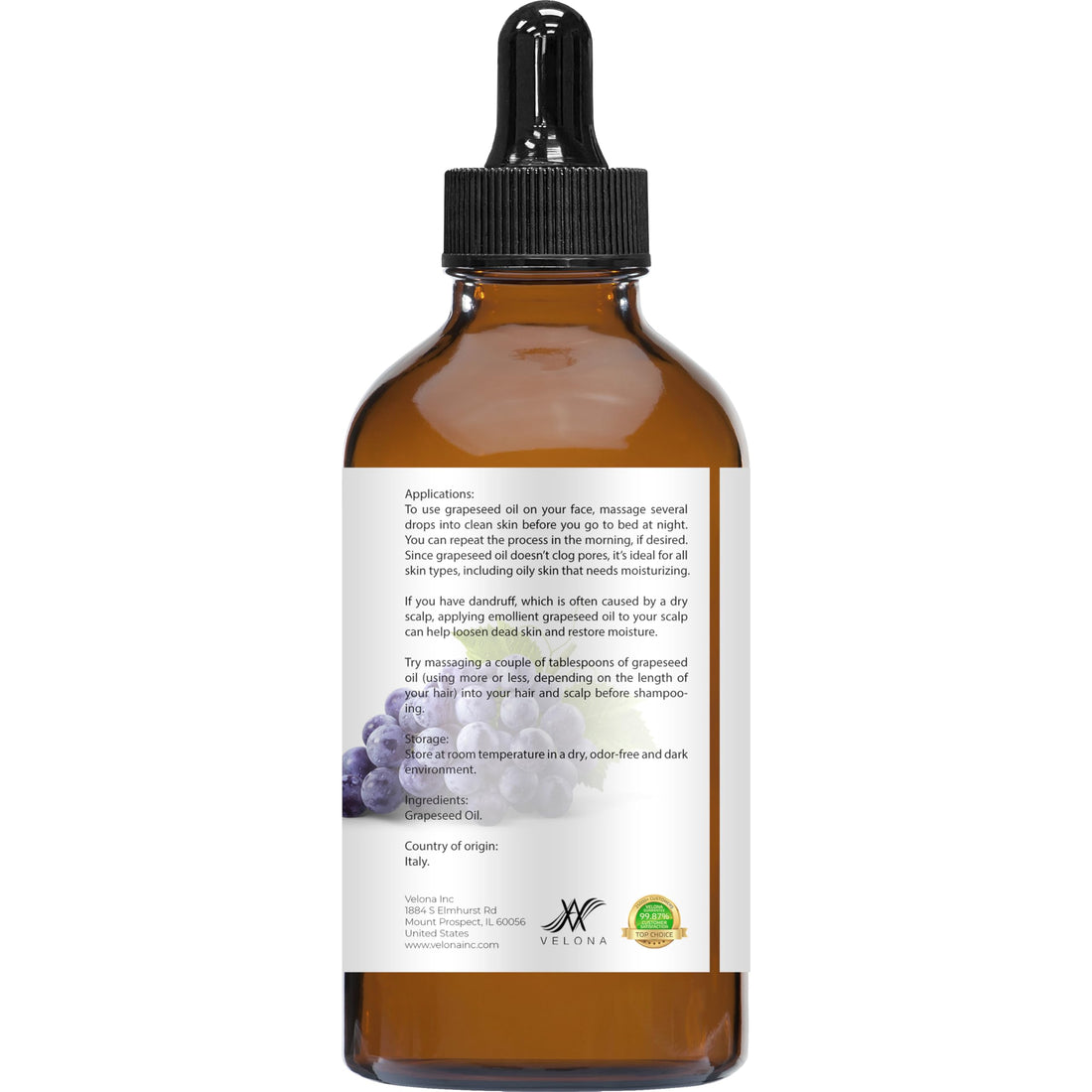 velona Grapeseed Oil 4 fl oz | 100% Pure and Natural Carrier Oil | Refined, Cold pressed | Skin, Face, Body, Hair Care | Use Today - Enjoy Results