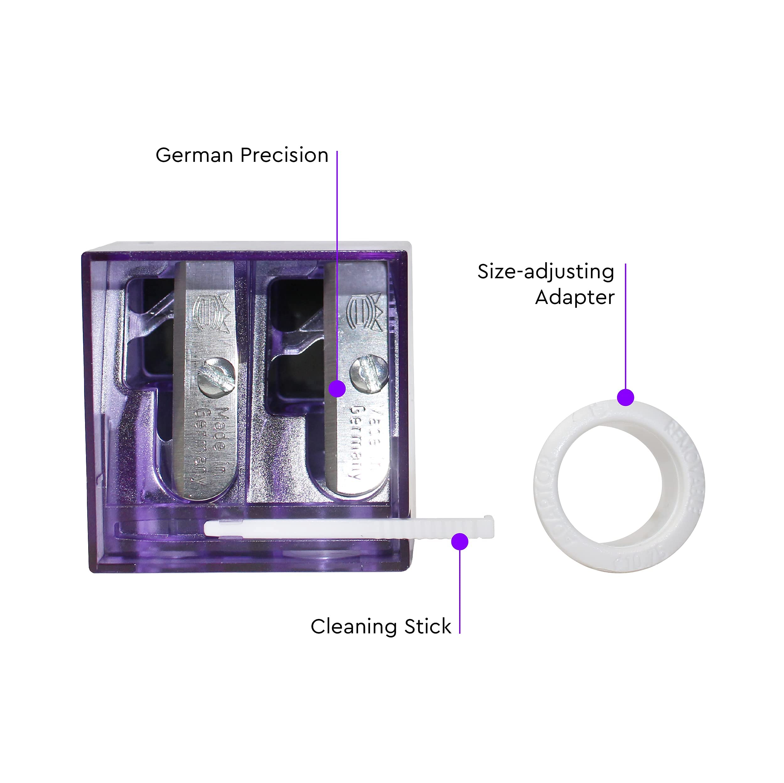 Kokie Makeup Pencil Sharpener for Lip, Eyebrow, and Eyeliner Pencil, Made in German Stainless Steel Blade, Size-Adjusting Adapter, Cleaning Stick