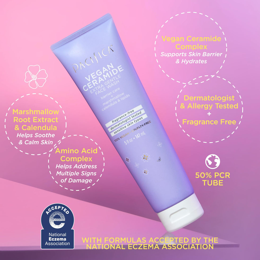 Pacifica Beauty 100 % Vegan Ceramide Barrier Repair Extra Gentle Face Wash, Daily Facial Cleanser, Ecezma Association Approved, Safe for Sensitive Skin, Fragrance & Cruelty Free, 5 Fl Oz