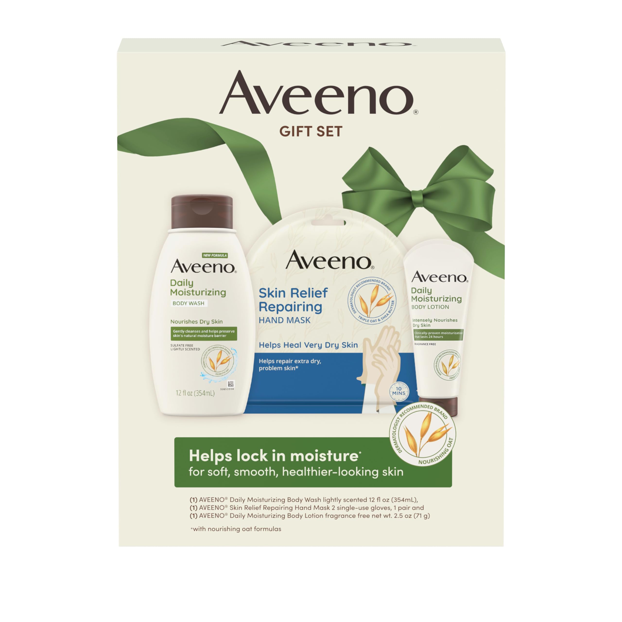 Aveeno Daily Moisture Gift Set, Skincare Set for Dry Skin with Nourishing Body Lotion, Moisturizing Body Wash, & Skin Relief Hand Mask, Formulated with Prebiotic Oat, Paraben-Free, 3 Items