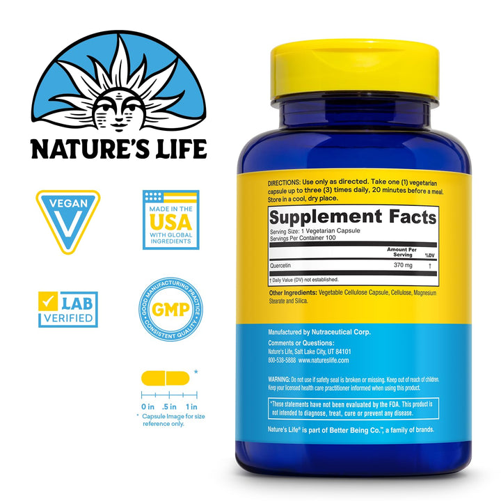 Nature's Life Fortifying Quercetin 370 mg - Bioflavonoid Support for Overall Wellness - Quercetin Supplements - Lab Verified, 60-Day Money-Back Guarantee - 100 Servings, 100 Vegetarian Capsules