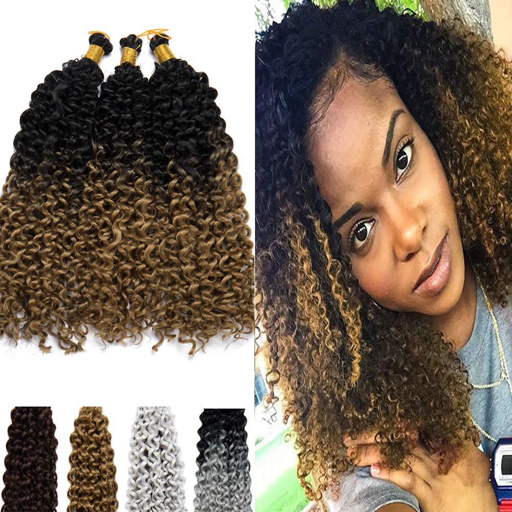 Afro Water Wave Crochet Hair Braids 14 Inch Ombre Marlybob Kinky Curly Synthetic Hair Bundles Extensions Jerry Curl Twist Hair Weave for Black Women 3 Bundles/Pack 2 Tones Black to Dark Blonde