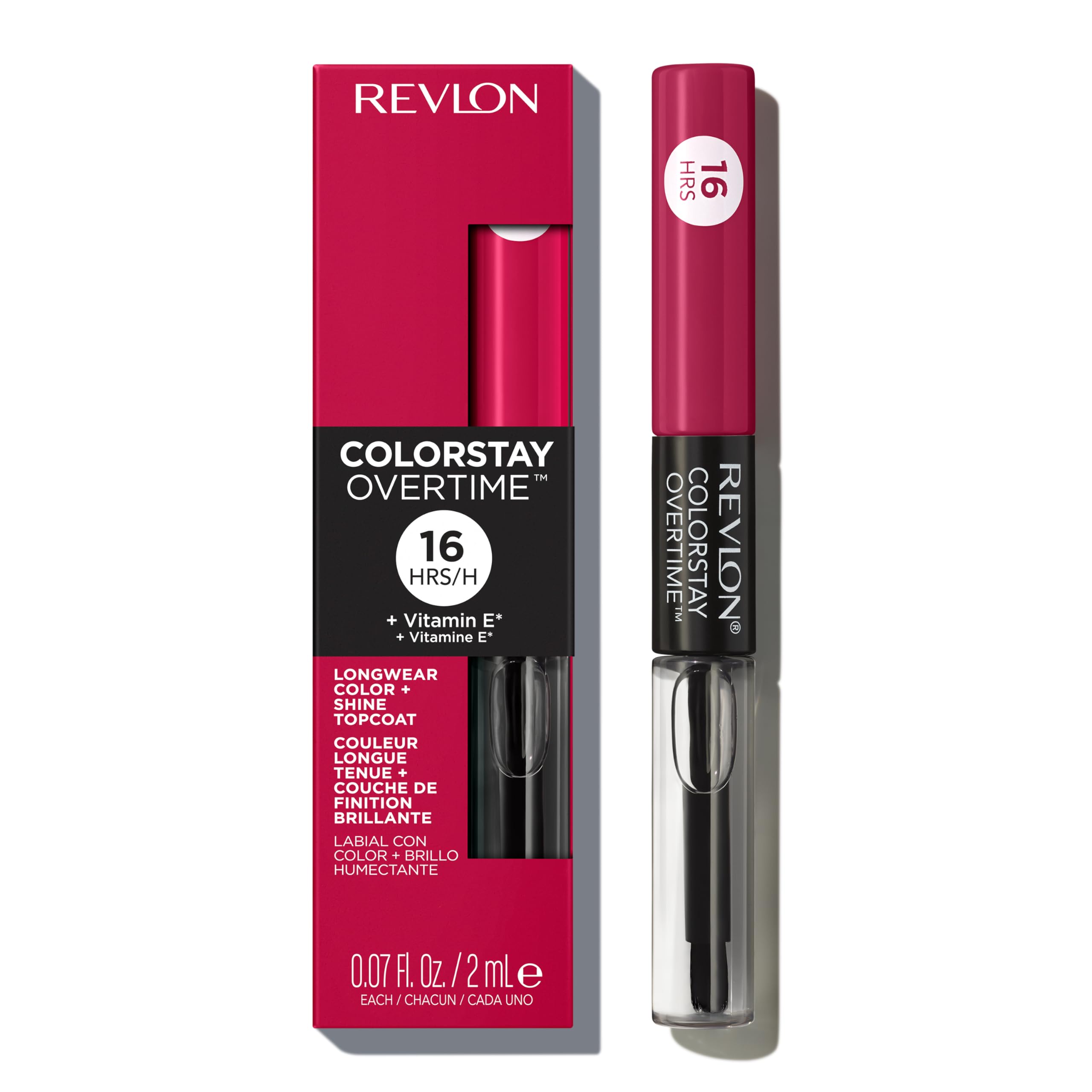 Revlon ColorStay Overtime Lipcolor, Dual Ended Longwearing Liquid Lipstick with Clear Lip Gloss, with Vitamin E in Red / Coral, Non Stop Cherry (010), 0.07 oz