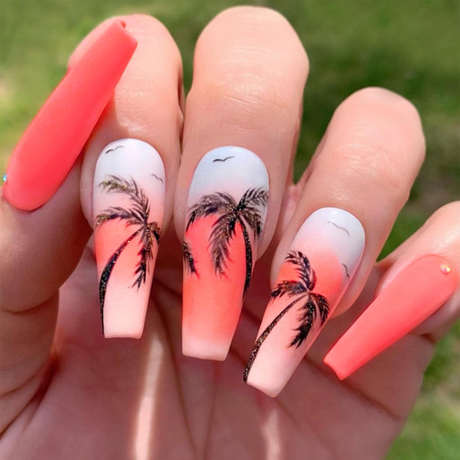 Pink Press on Nails Long Square Coffin Shape Fake Nails with Rhinestone Designs Summer Coconut Tree Pattern Orange Matte Stick on Nails Full Cover Palm Tree Acrylic Nails Glue on Nails for Women 24Pcs