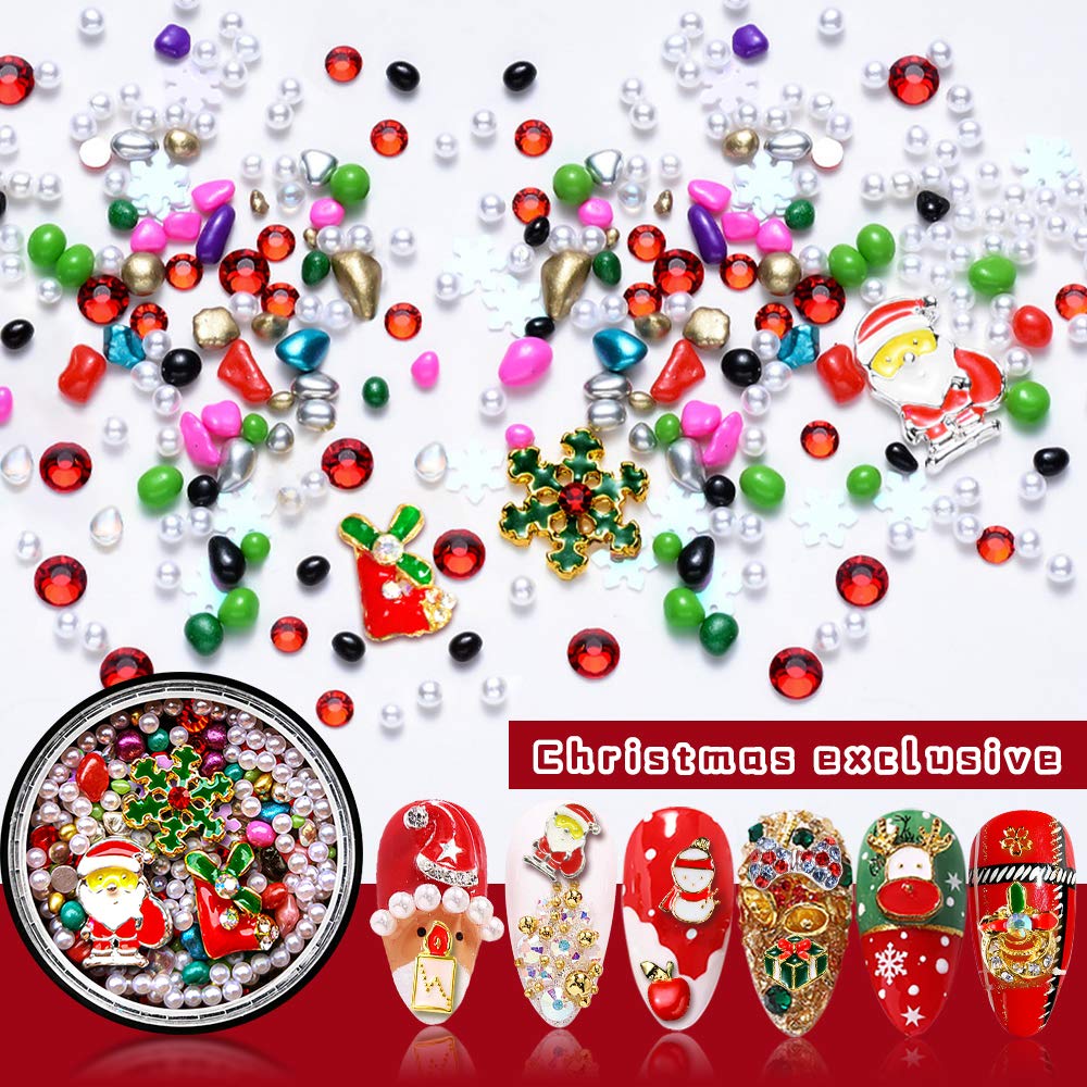 Christmas Nail Rhinestones, Super Valued Over 1500pcs 6 Pots 3D Nail Charms Sequins Alloy Santa Reindeer Snowman Snowflake Garland, Metal Nail Studs Moon flowers Gems Jewelry DIY Nail Art Decoration