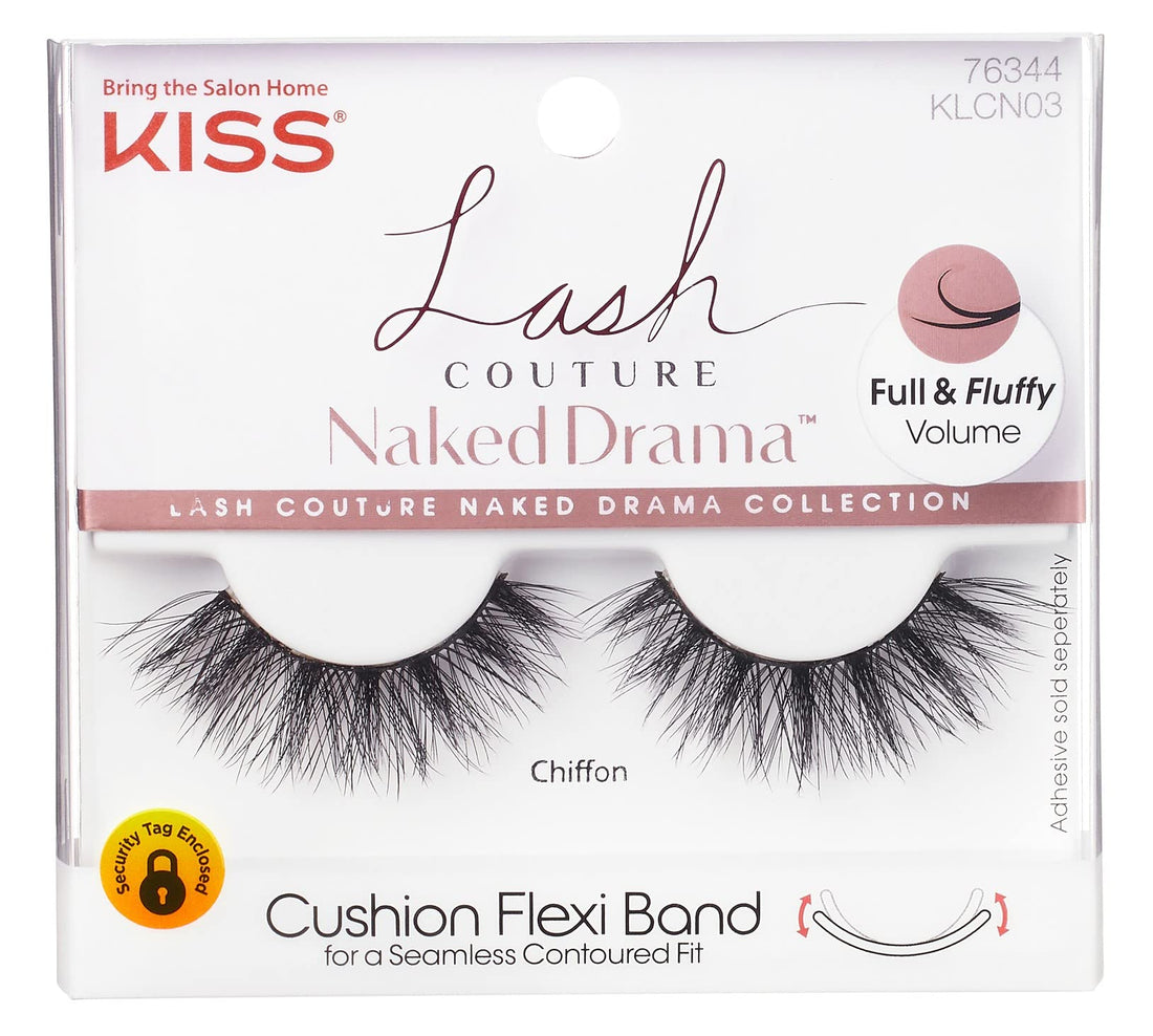 KISS Lash Couture Naked Drama Collection, Full & Fluffy Volume 3D Faux Mink False Eyelashes, Cushion Flexi Band & Split-Tip Technology, Tapered, Reusable and contact lens friendly, Style Chiffon, 1 P